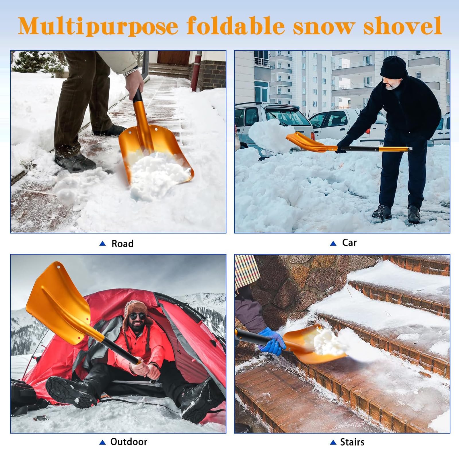 Pala para Nieve Plegable,Palas para Quitar Nieve,pala de emergencia plegable telescópica de invierno Pala de Nieve Ajustable Portátil Ligera para Camping Jardín Senderismo(rojo/dorado/azul)
