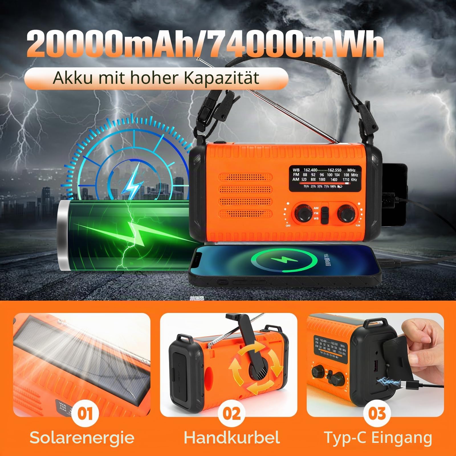 Notfall-Solar-Kurbelradio mit 20.000 mAh, AM/FM NOAA tragbares Wetterradio mit USB-Aufladung, Handy-Ladegerät, SOS-Alarm und Taschenlampen-Leselampe, Kopfhöreranschluss, Kompass (orange)