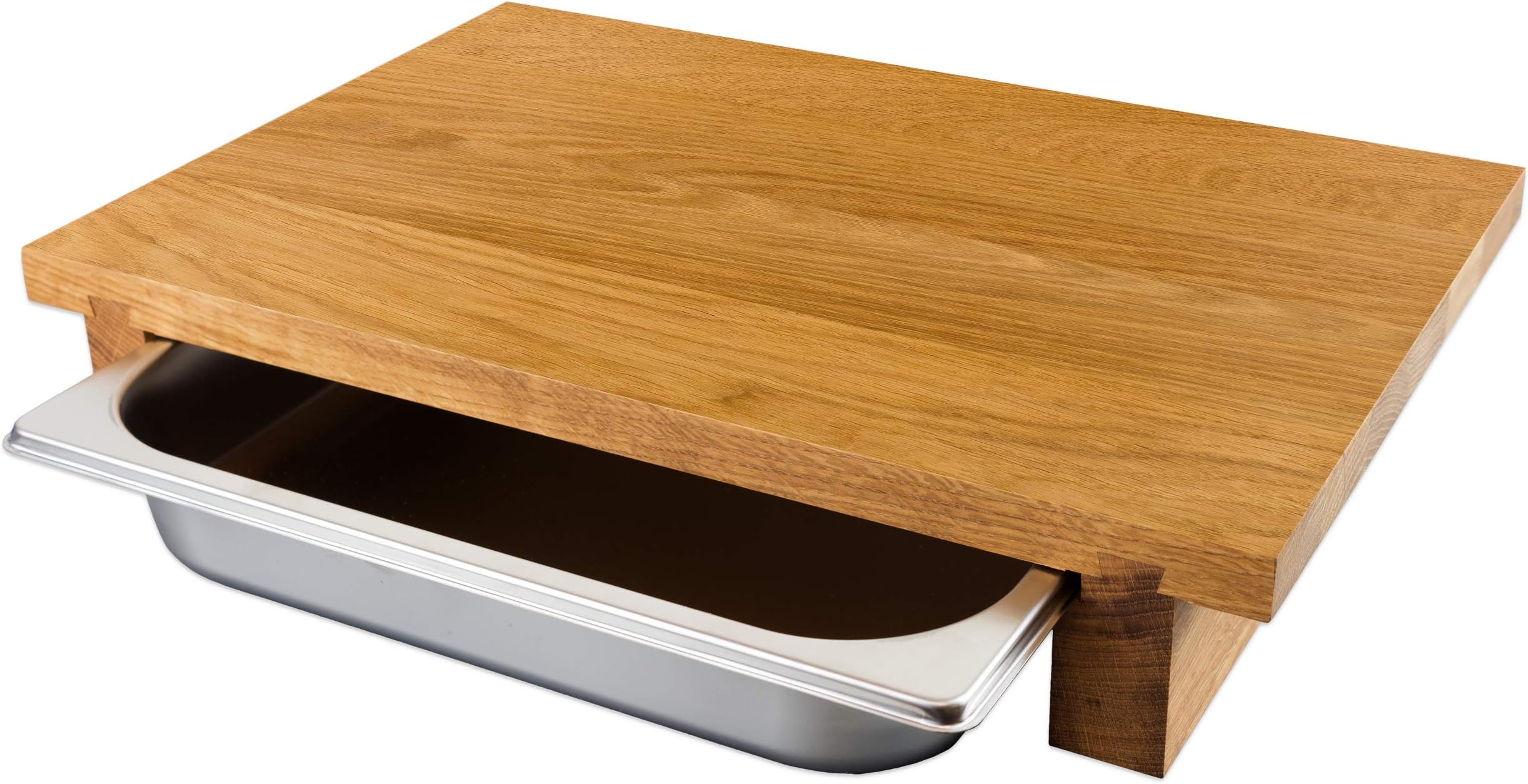 Cutting Boards Classic Oak GN with Tray, Container, Thick Wood Oiled Oak Chopping Board with Stainless Steel Drawer for Kitchen, Eco-Friendly and with Catcher Dimensions: 16.9 x 11.4 x 3 in