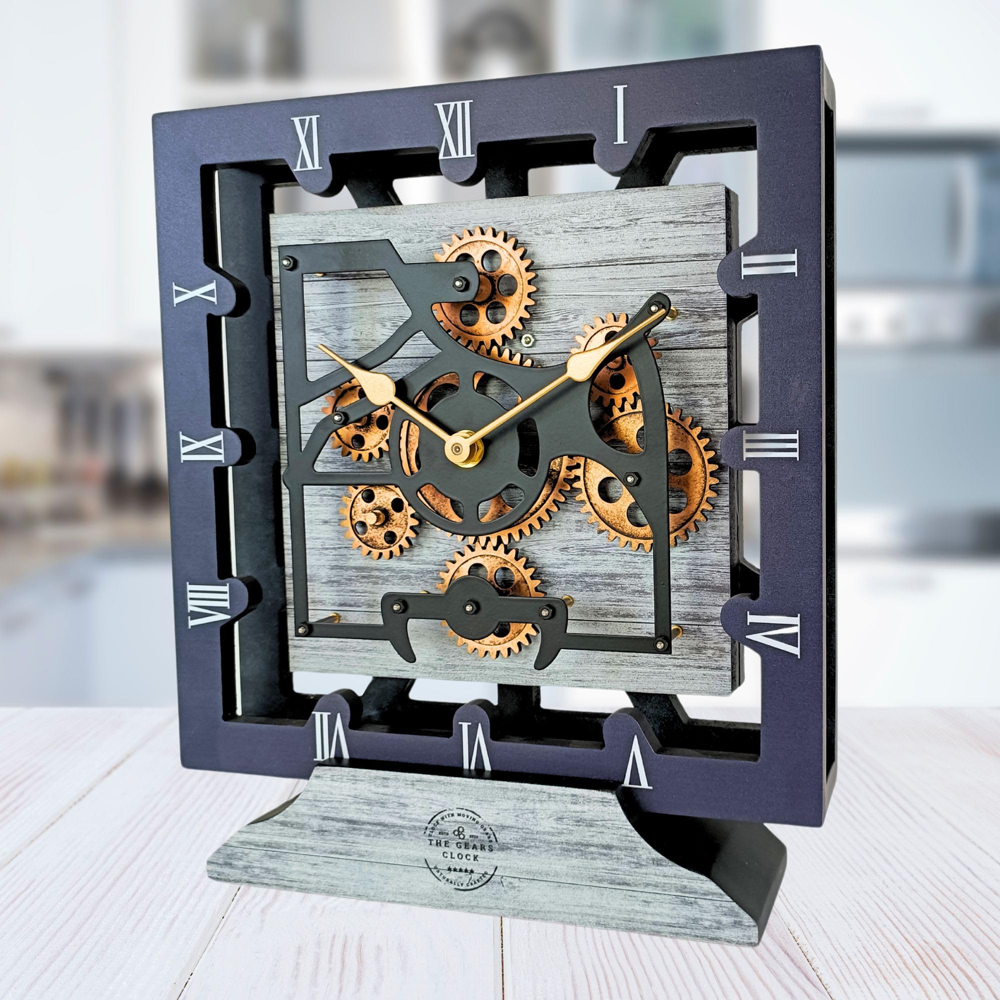 THE GEARS CLOCK Desk Clock 10 Inches with Real Moving Gear Square Convertible Into Wall Clock (Silver Grey)