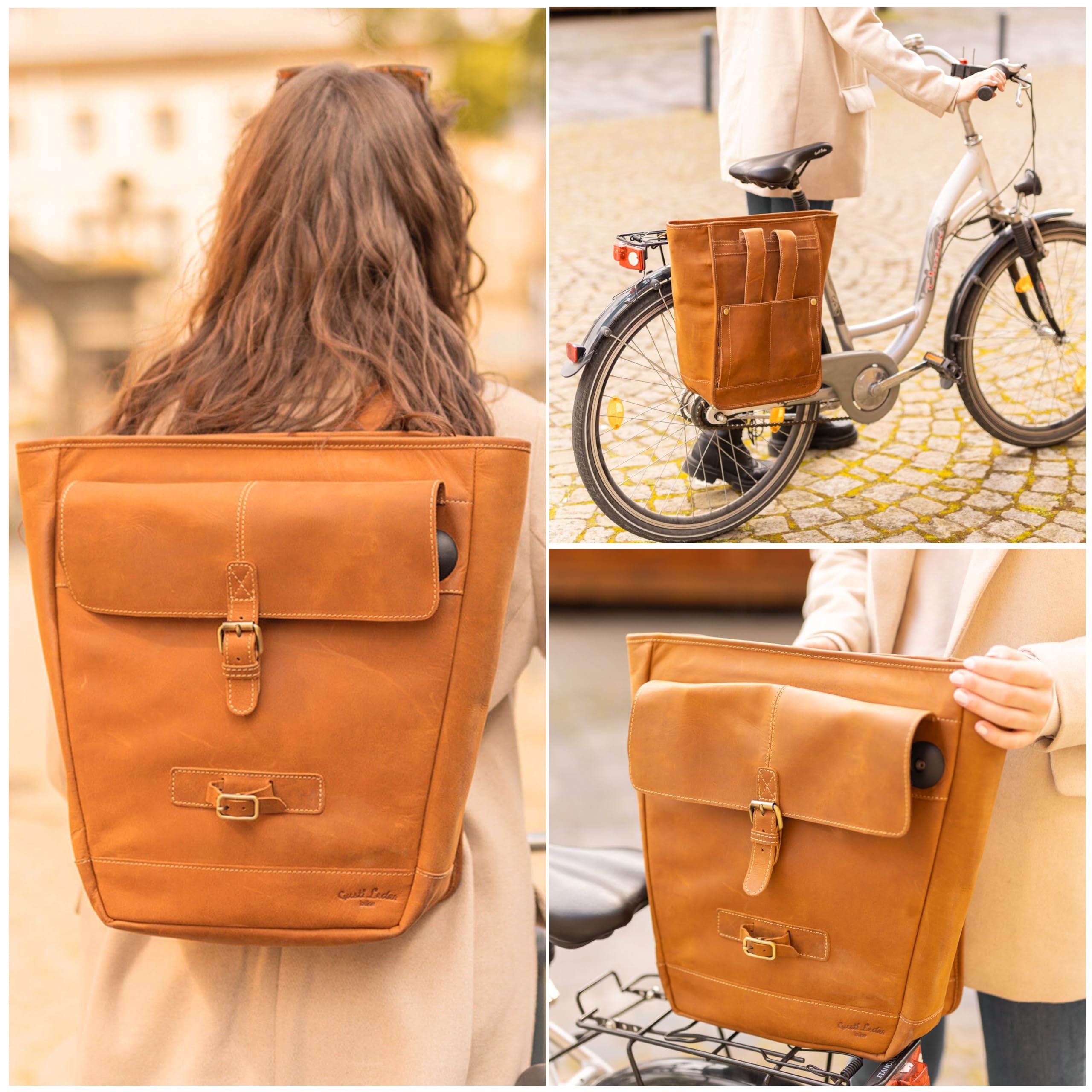 Gusti - Alforja para bicicleta de cuero Carmine P. 2 en 1, mochila para bicicleta y mochila con portaequipajes, de cuero genuino, color marrón