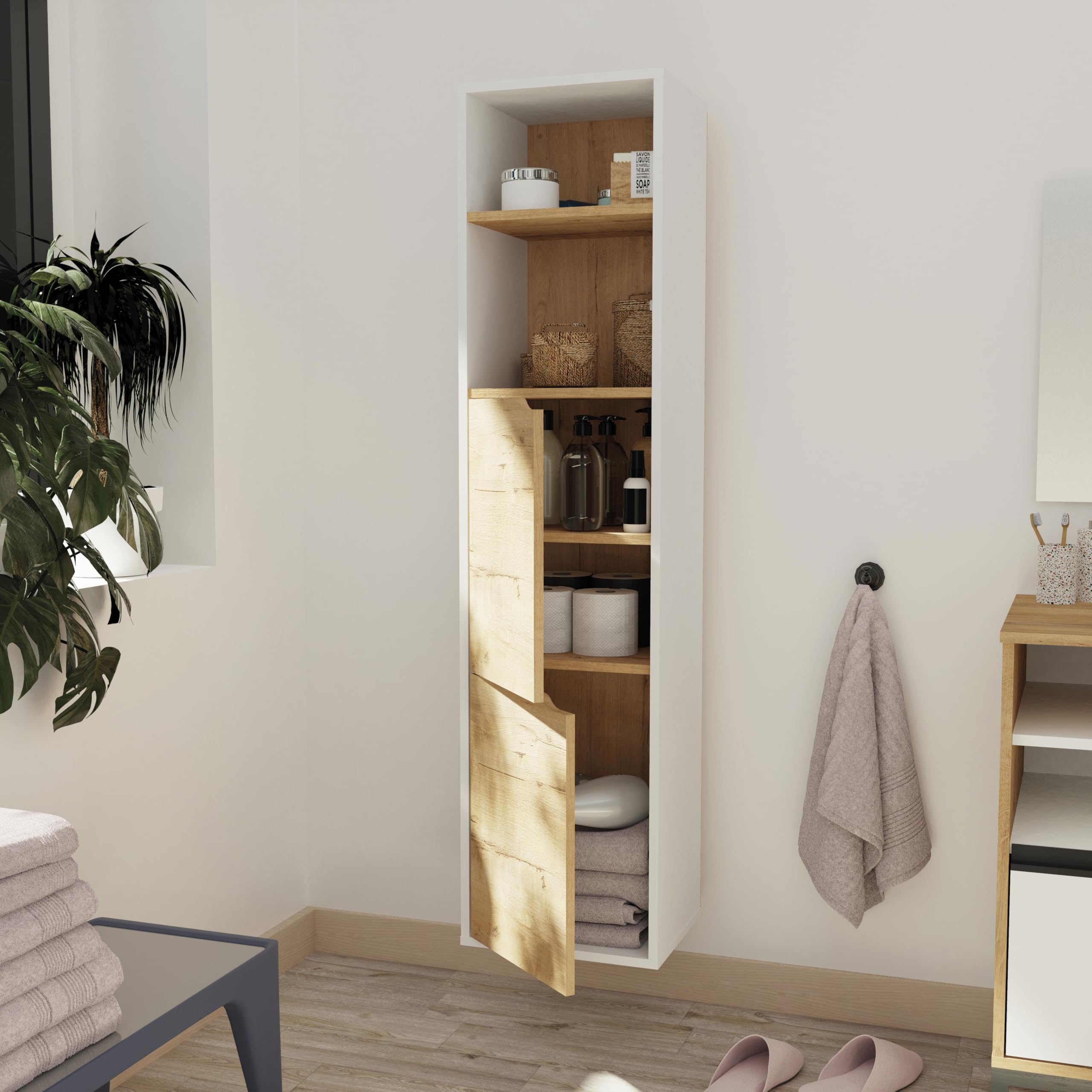 MUEBLES PITARCH Colonna da bagno sospesa Hardware inclusi, Armadio da bagno con 4 ripiani, 2 porte, bianco/rovere oro, 150 x 36,5 x 30 cm (altezza x larghezza x profondità), mobile ausiliario, moderno