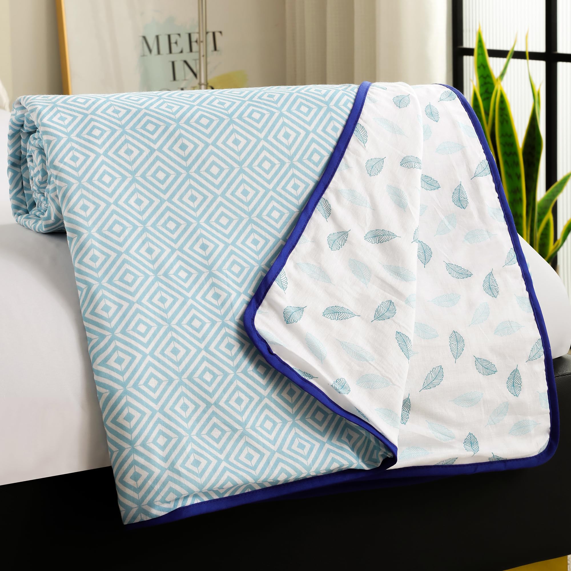 Story@Home Dohar Single Bed 100% Cotton AC Blanket for Summer | 144x 220CM, 150GSM Ac Comforter and AC Blanket for Summer | Sky Blue & White Leaf Pattern Reversible Duvet Quilt All-Season Blanket