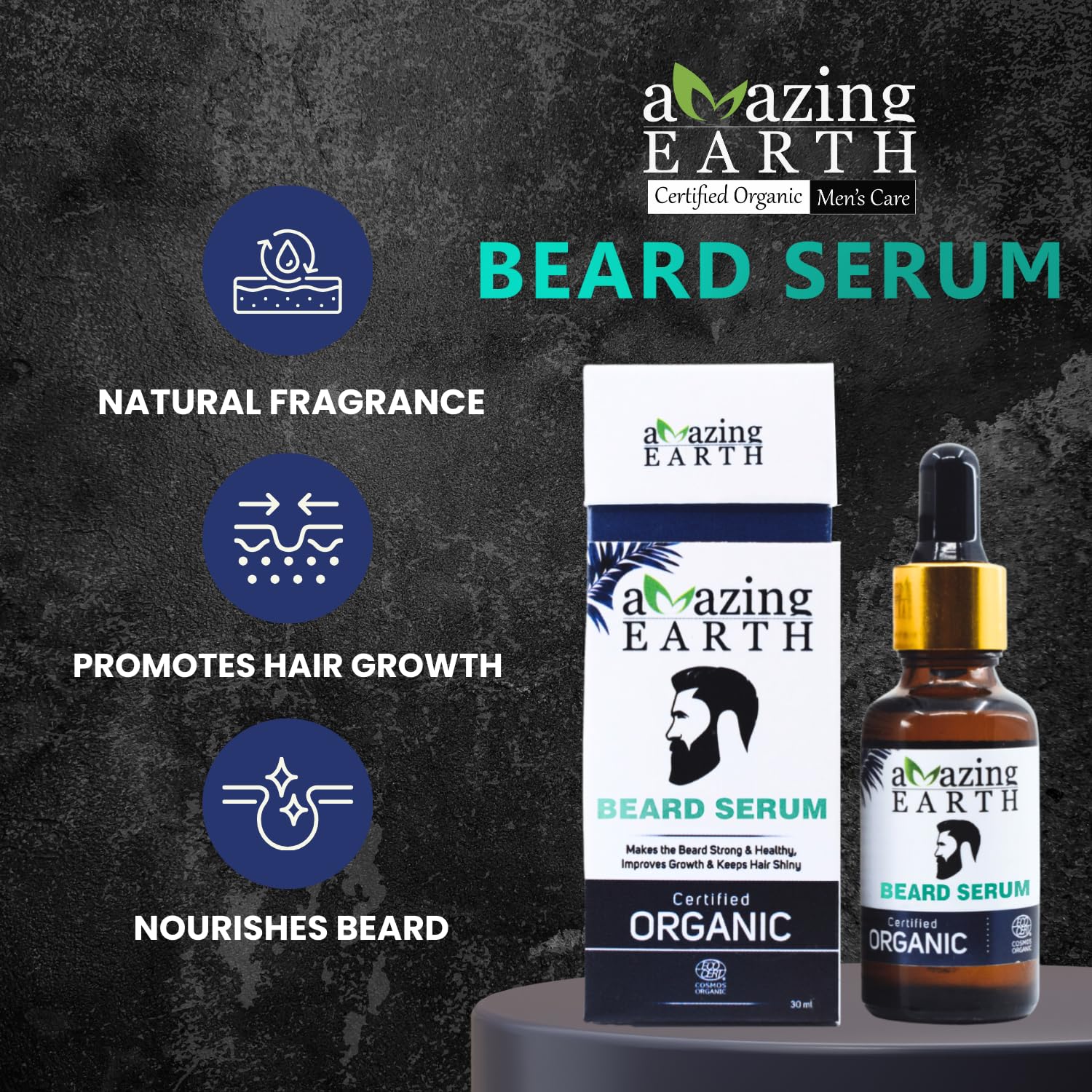 AMAzing EARTH Certified Organic Beard Serum for Men - 100% Natural with Olive, Argan & Apricot Oil & Grapeseed Extract, Shiny Beard Hair Growth, Sulphates & Parabens Free, Vegan & Cruelty Free - 30ml - Image 2 thumbnail