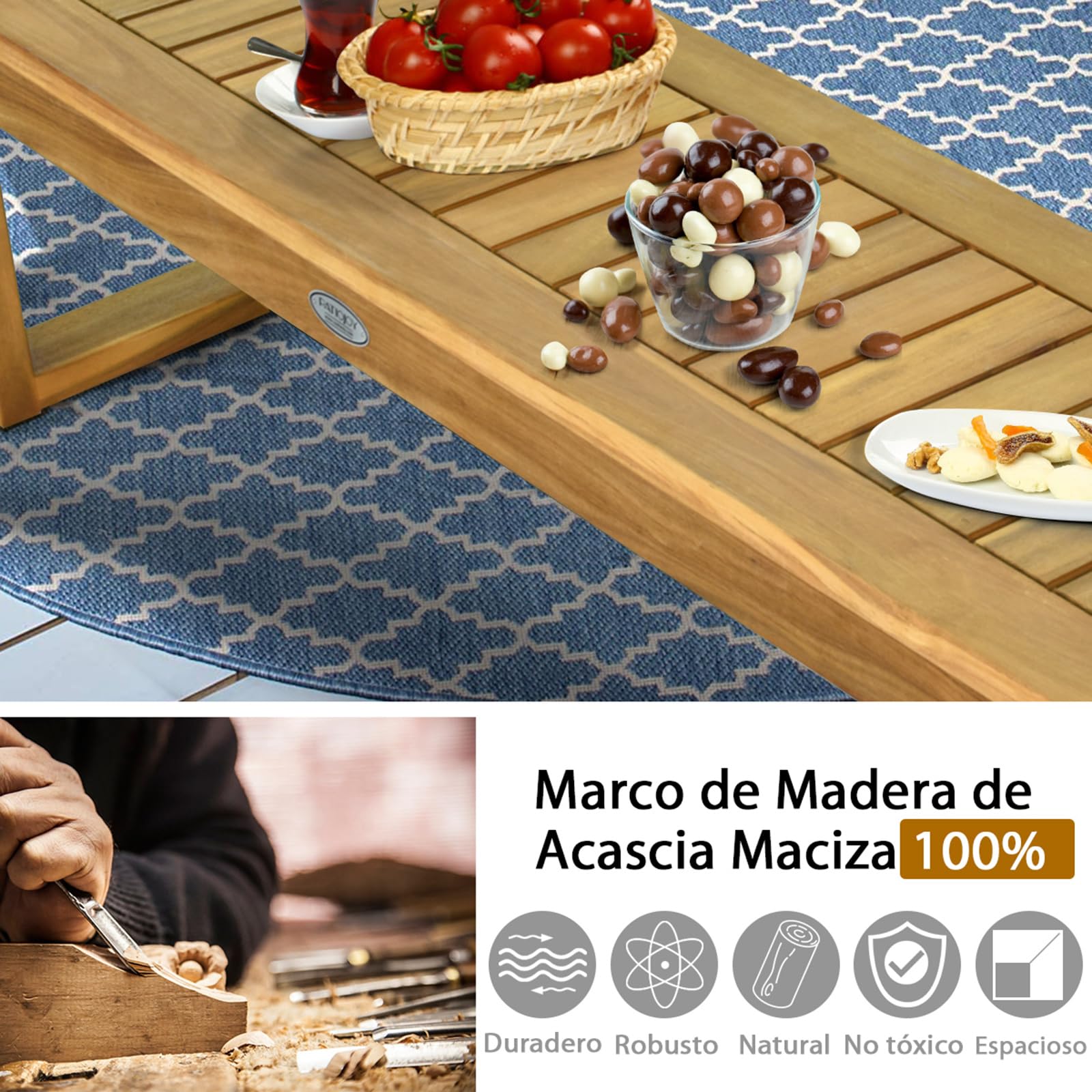 COSTWAY Banco de Madera de Acacia para Patio, Banco de Exterior con Asiento de Listones para Comedor, Banco sin Respaldo para Jardín Patio Piscina Balcón (con Barra de conexión)