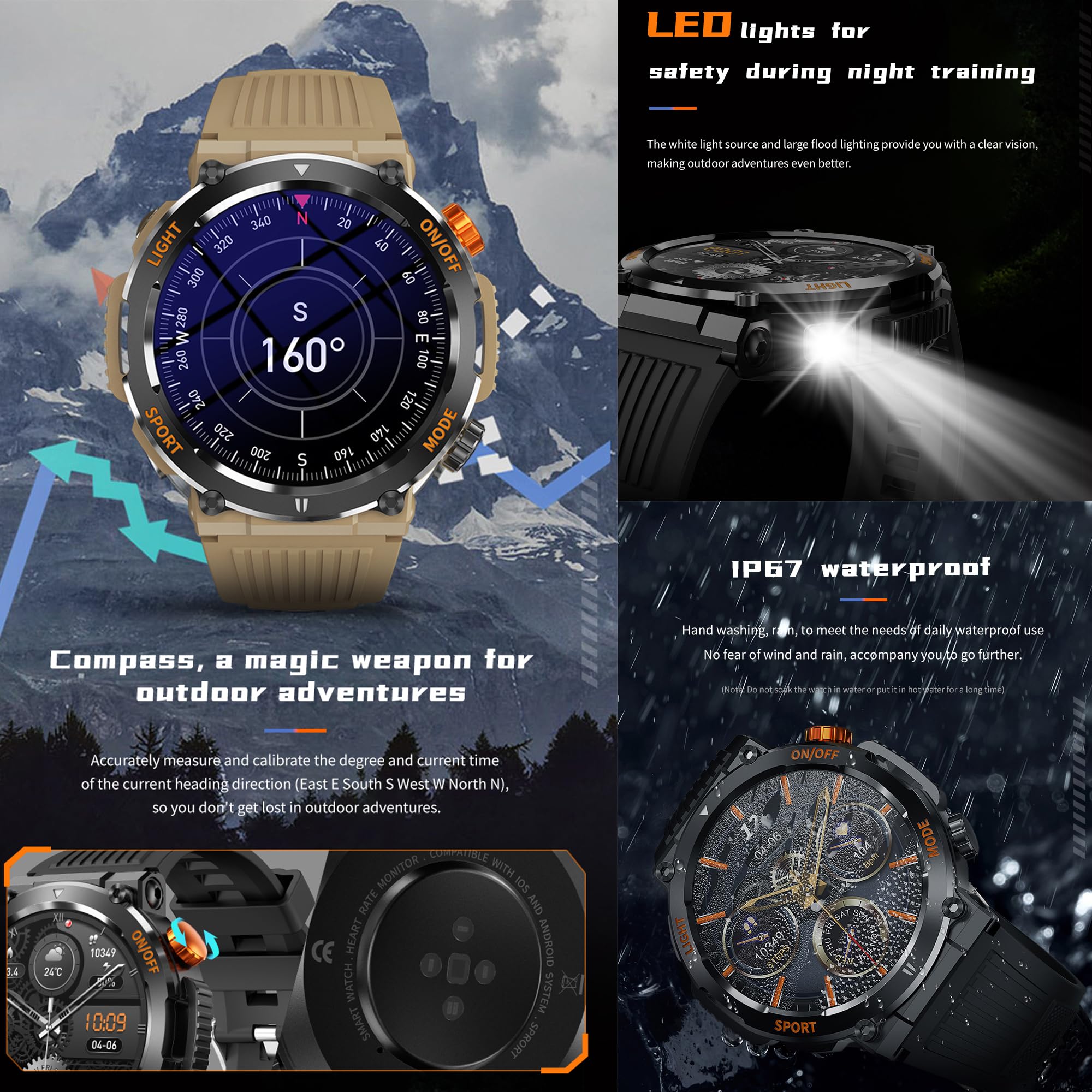 Smartwatch Uomo Chiamata Bluetooth e Risposta Vivavoce, Smart Watch con Torcia, Bussola, 123 Modalità Sport Cardiofrequenzimetro Sonno Notifiche Messaggi Orologio Fitness Tracker Android iOS (Nero)