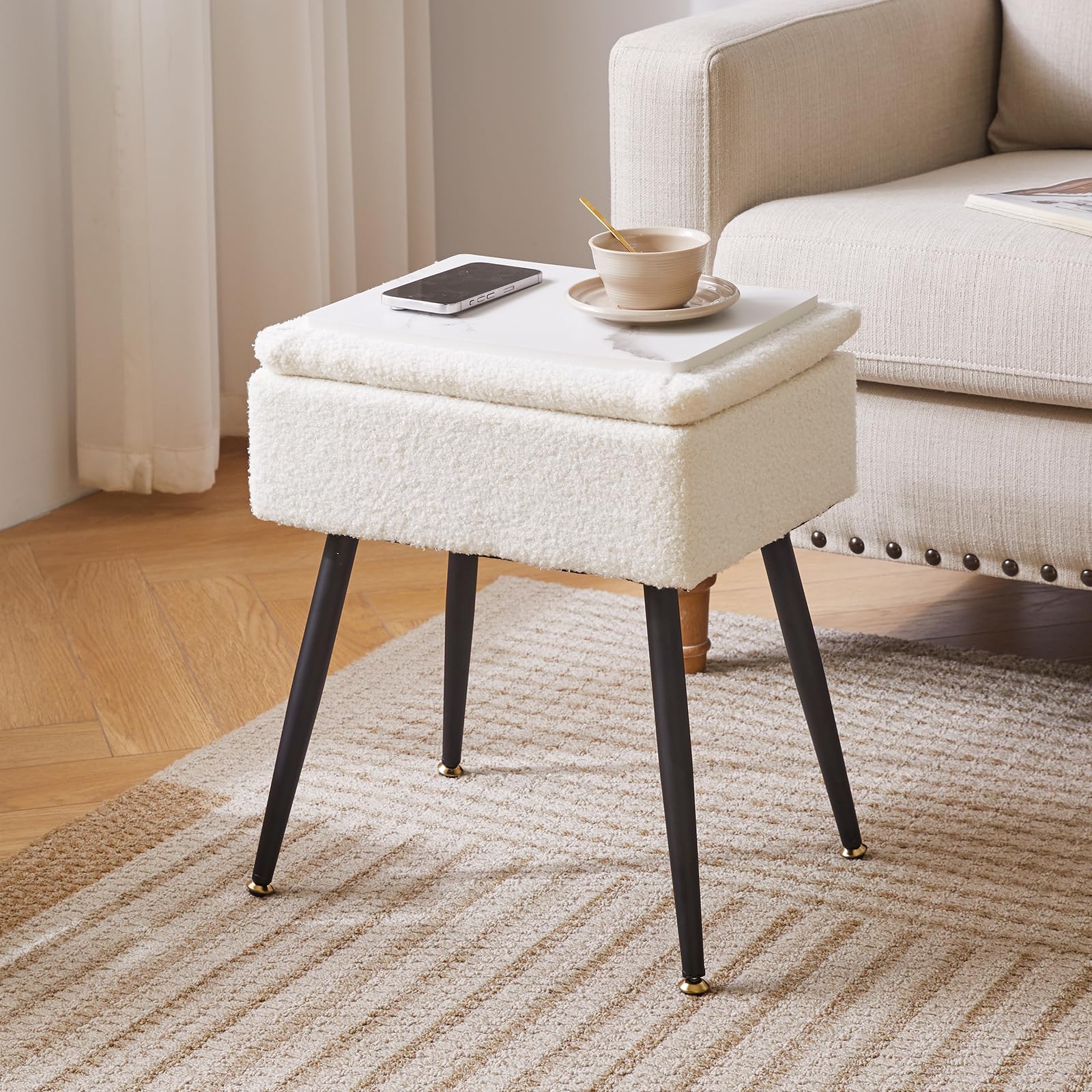 Aibiju Tabouret de Coiffeuse, Tabouret de Coiffeuse Rectangulaire avec Rangement, Siège de Coiffeuse, Petite Table d'appoint pour Salle de Maquillage, Chambre à Coucher, Blanc YD-SMS137W