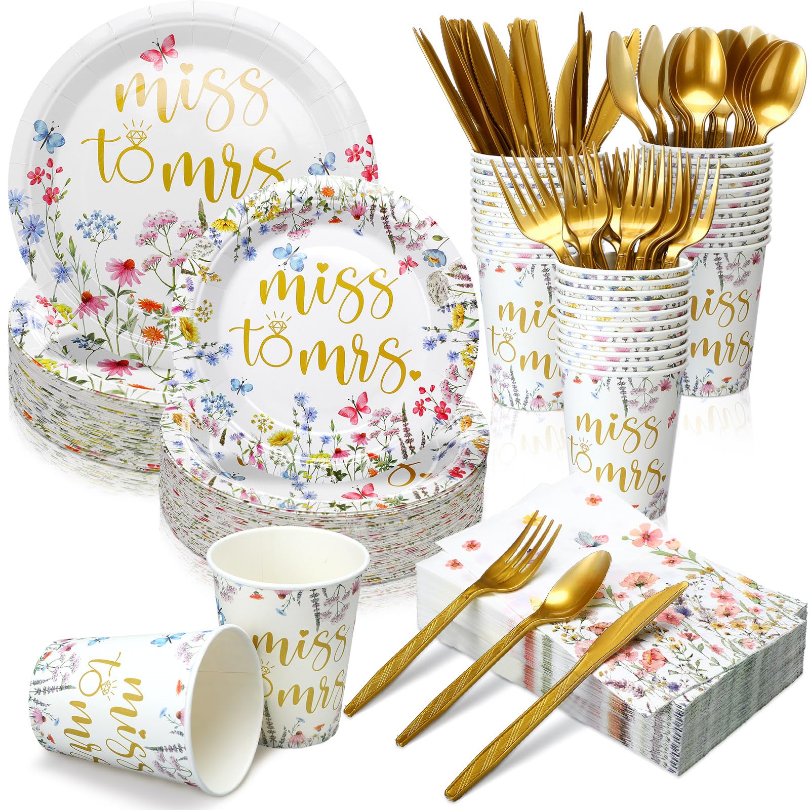 Suttmin 400 Pcs Miss to Mrs Plates and Napkins Sets Bridal Shower Disposable Dinnerware Wedding Party Supplies Spring Plates Baby Shower Party