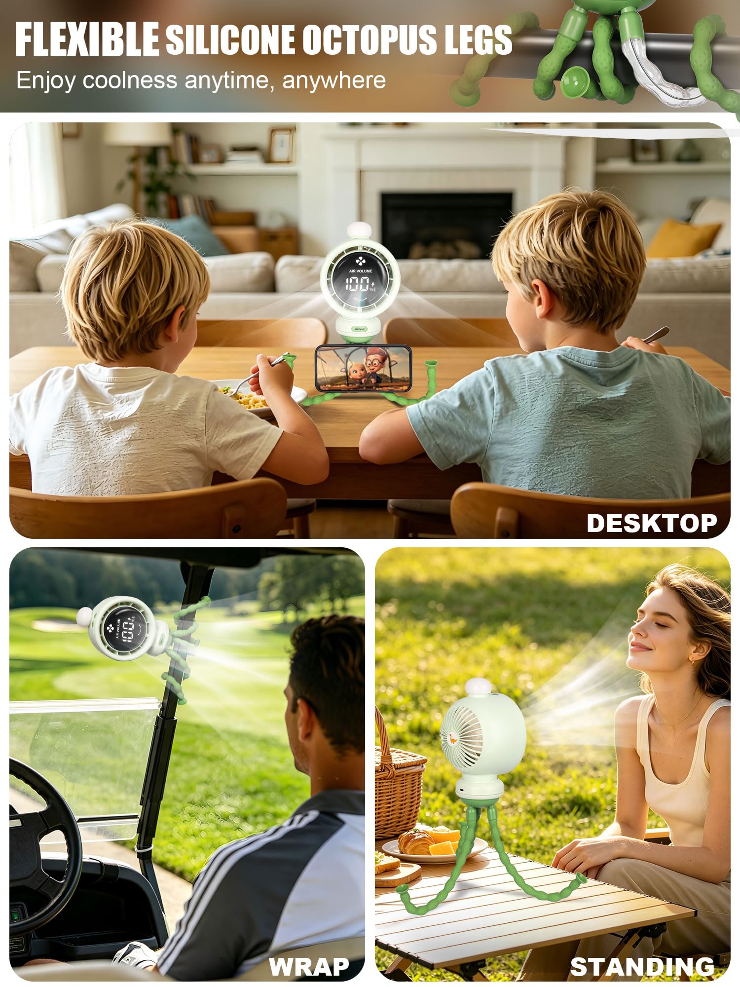 Mini ventilatore portatile per passeggino, oscillazione automatica, velocità continua, display, luce notturna a LED con clip sui ventilatori, accessori per passeggini alimentati a batteria, verde
