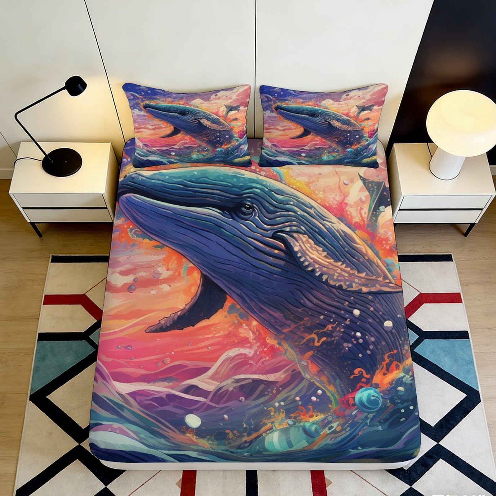 3D Printed Ocean Whale Fitted Sheet Microfiber Soft Mattress Cover Artistic Sunset Home Decor Bedroom Dorm Use 90x200x25cm
