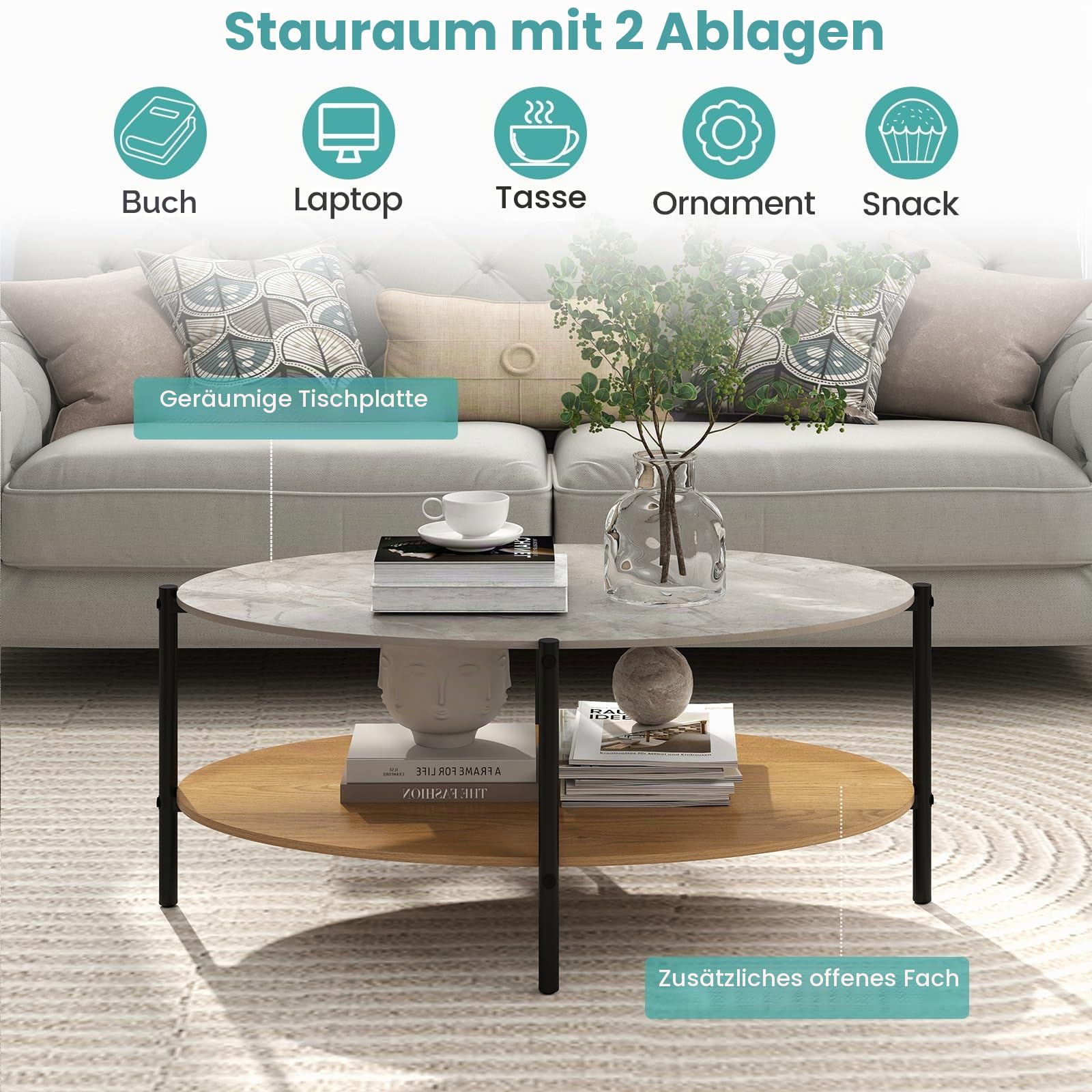 LIFEZEAL Couchtisch Marmor, Ovaler Wohnzimmertisch mit Marmorplatte, Moderner Kaffeetisch Sofatisch mit robustem Metallrahmen, 105 x 65 x 43 cm
