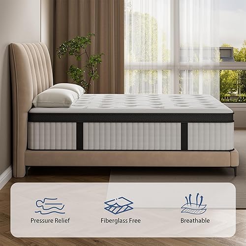 Miniatura 4 de Colchón híbrido King de 12 pulgadas en una caja, espuma viscoelástica y resortes ensacados, sin fibra de vidrio, suave y transpirable, sensación