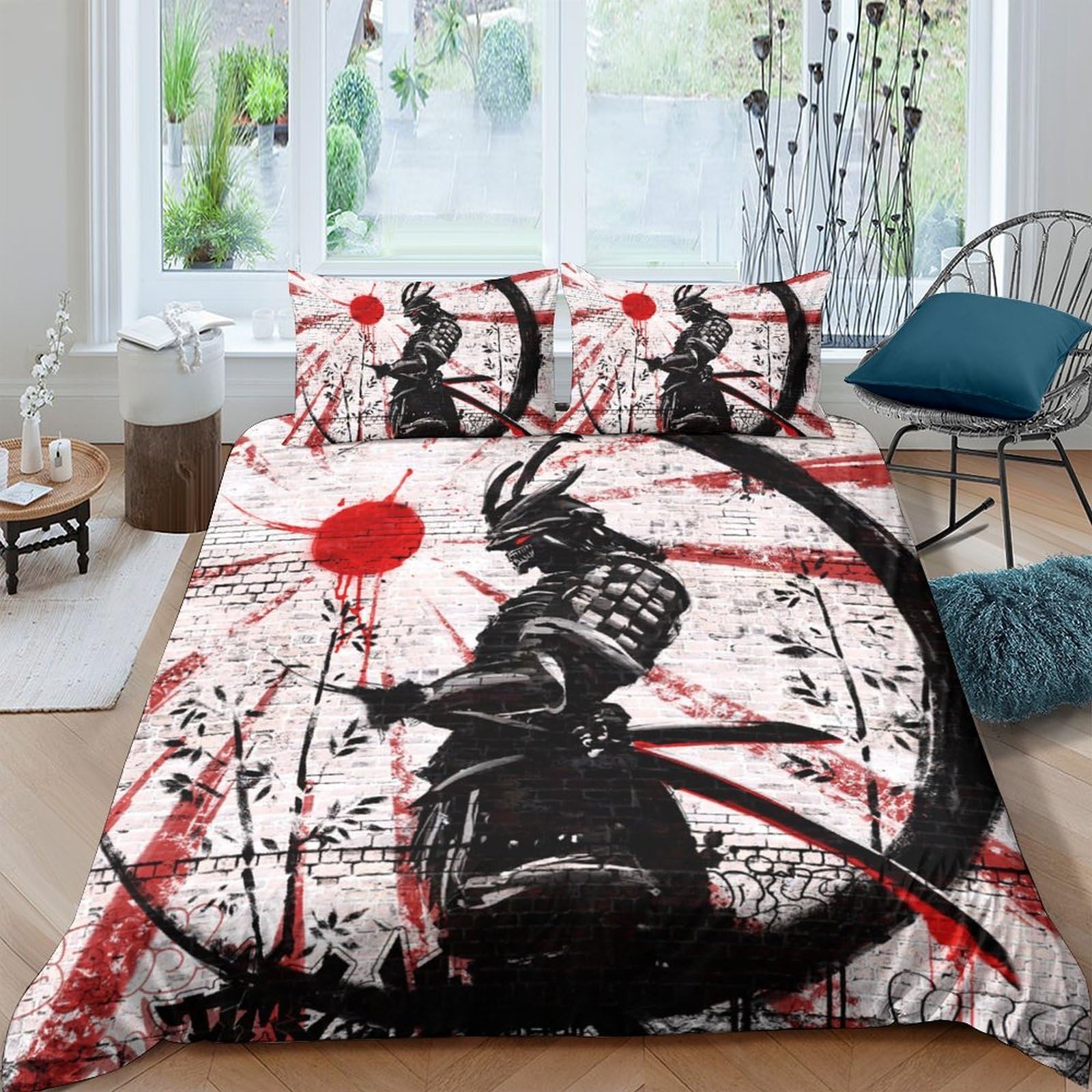 Ctjqhvkz Style-8 3D Printed Samurai Ink Art Fitted Sheet Microfiber Soft Black Red Sun Japanese Mattress Cover For Bedroom Decor Single（135X200cm）