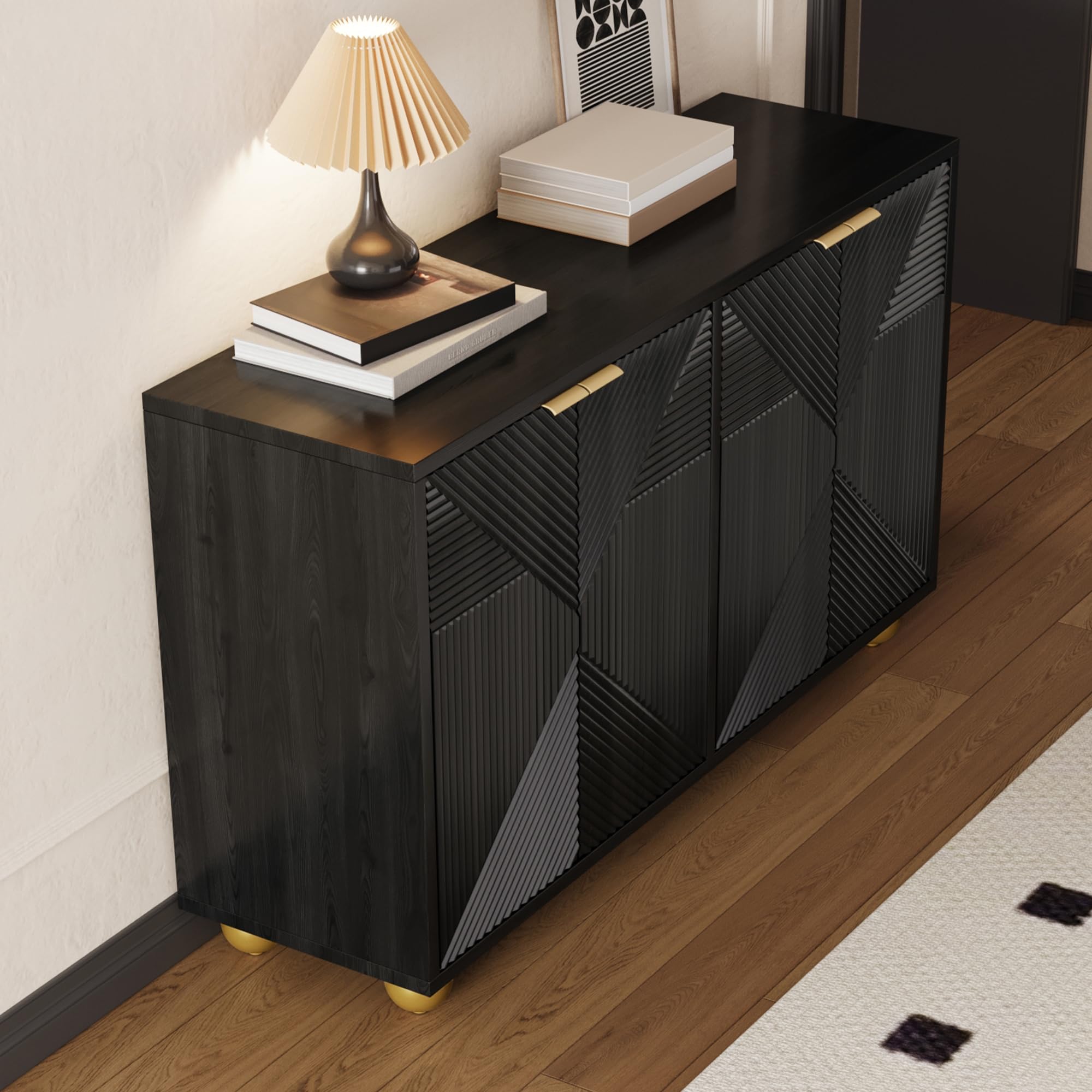 Aparador negro 120 x 35 x 71,5 cm con cuatro puertas moldeadas, estantes interiores ajustables, asas de metal y patas esféricas