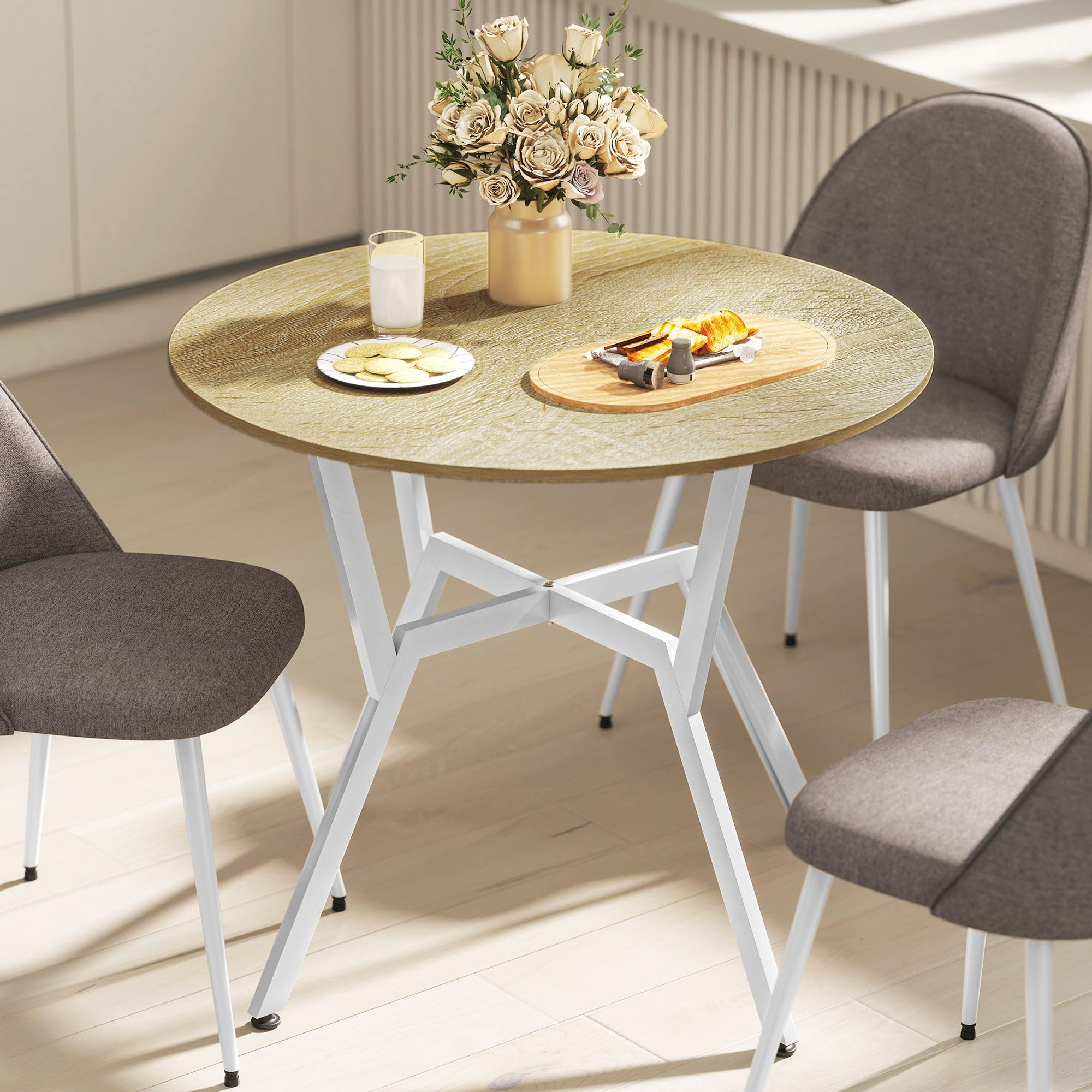 HOMCOM Mesa de Comedor Redonda para 2-4 Personas, Mesa de Cocina Industrial, Patas Curvadas de Acero, para Salón, 90x90x76 cm, Natural y Blanco