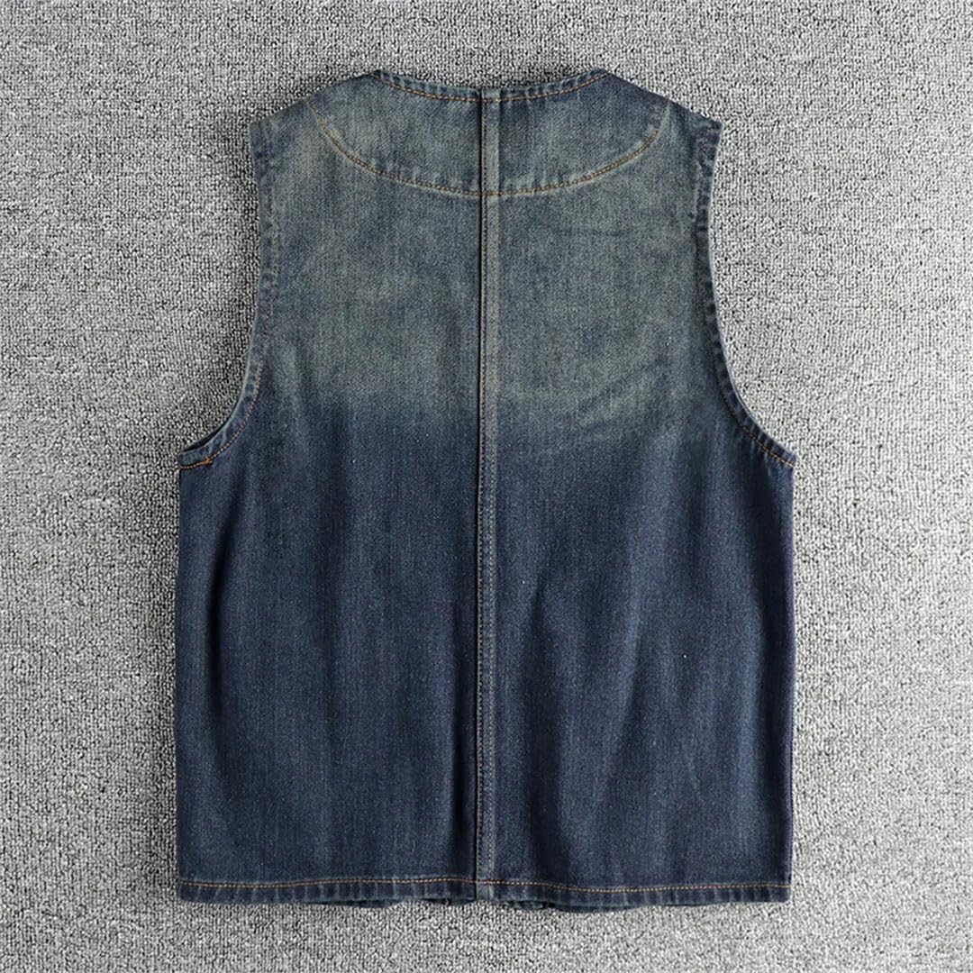 Gilet da uomo in denim stile retrò invecchiato senza maniche con design multi-tasca