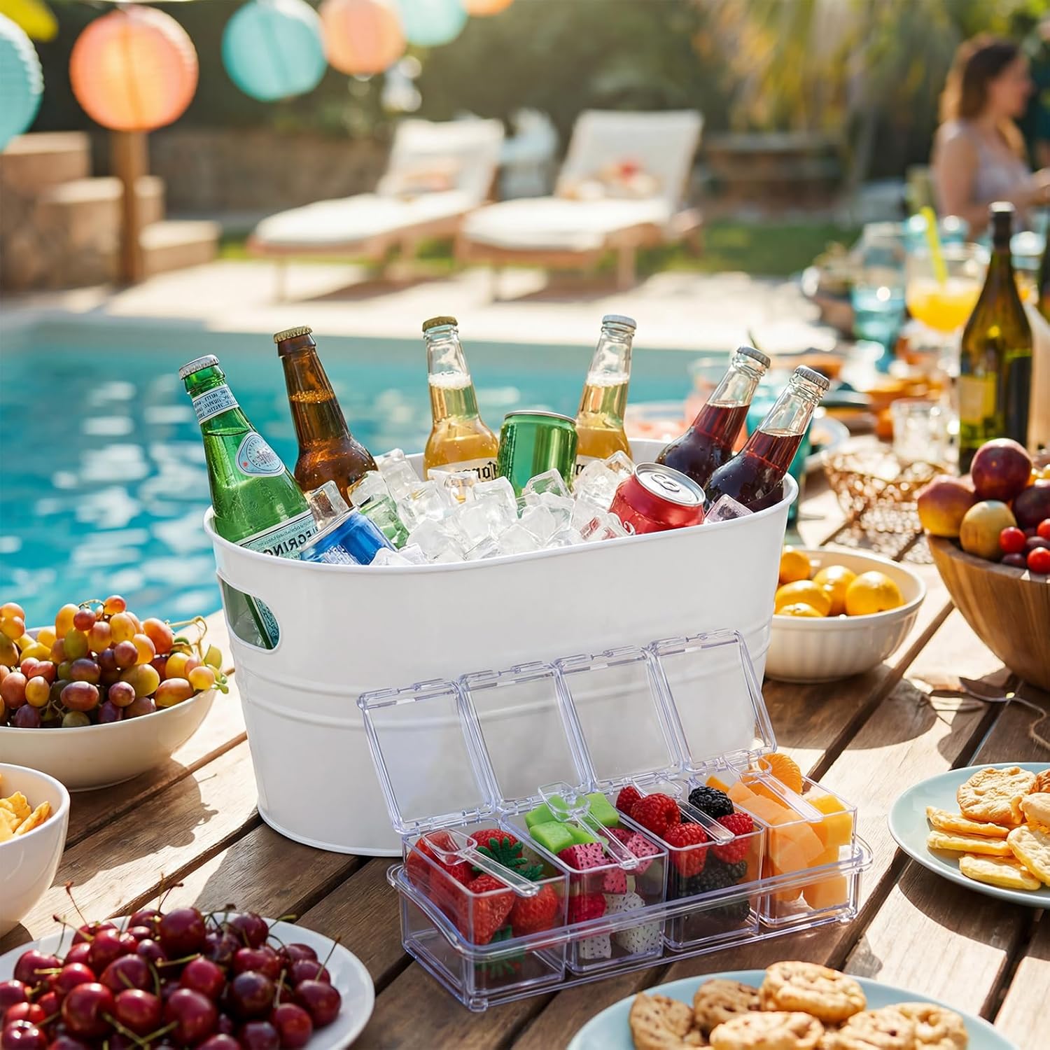 2 Pcs 4 Gallon Galvanized Metal Ice Buckets Large Metal Drink Bucket 2 Pcs Condiment Caddy Clear 4 Compartment with Lid and Spoon for Summer Birthday Party Dinner Wedding Mimosa Bar(White)