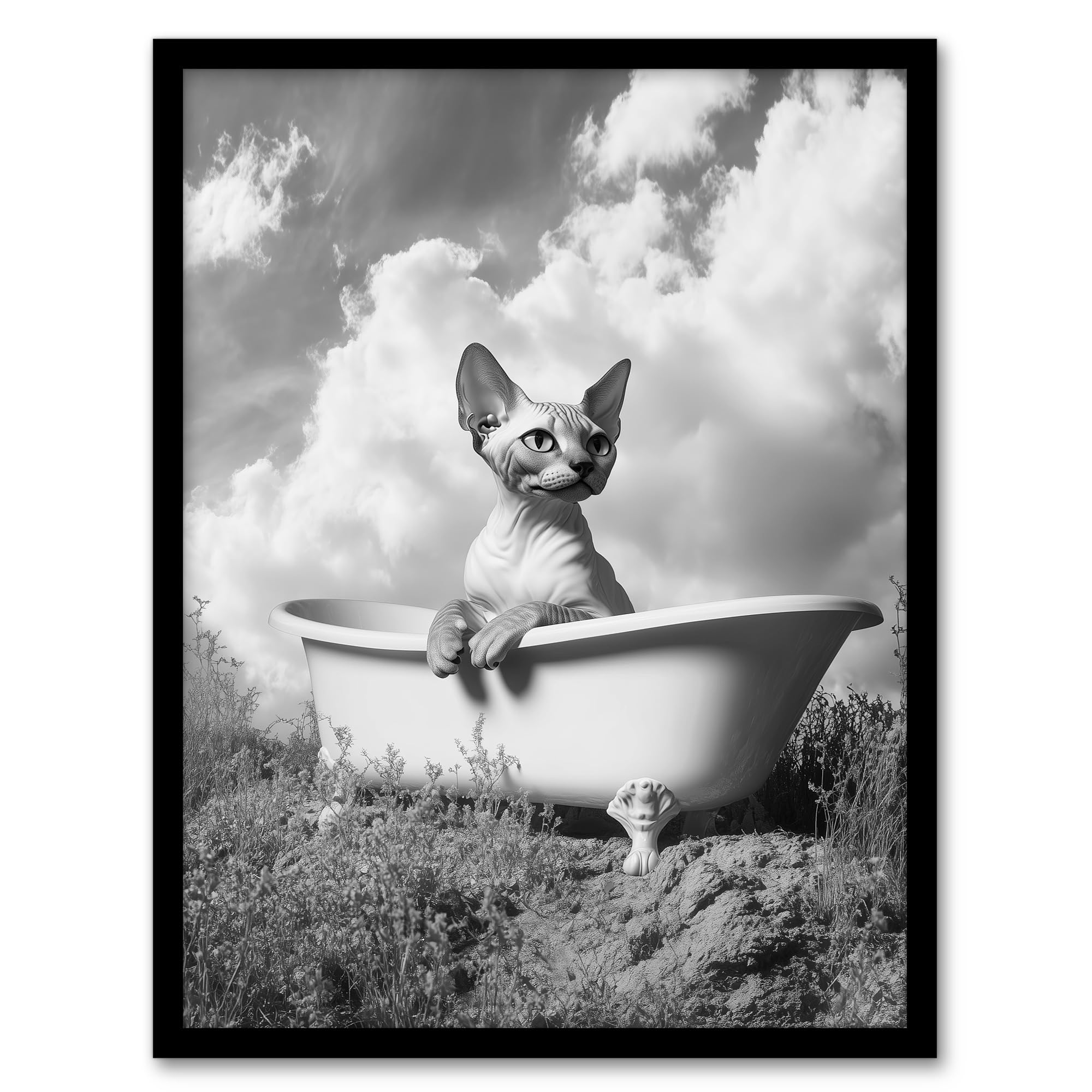 Artery8 Sphinx In Bathtub Black White Surreal Cat Lover Wall Art PrintA4 Size from B&Q