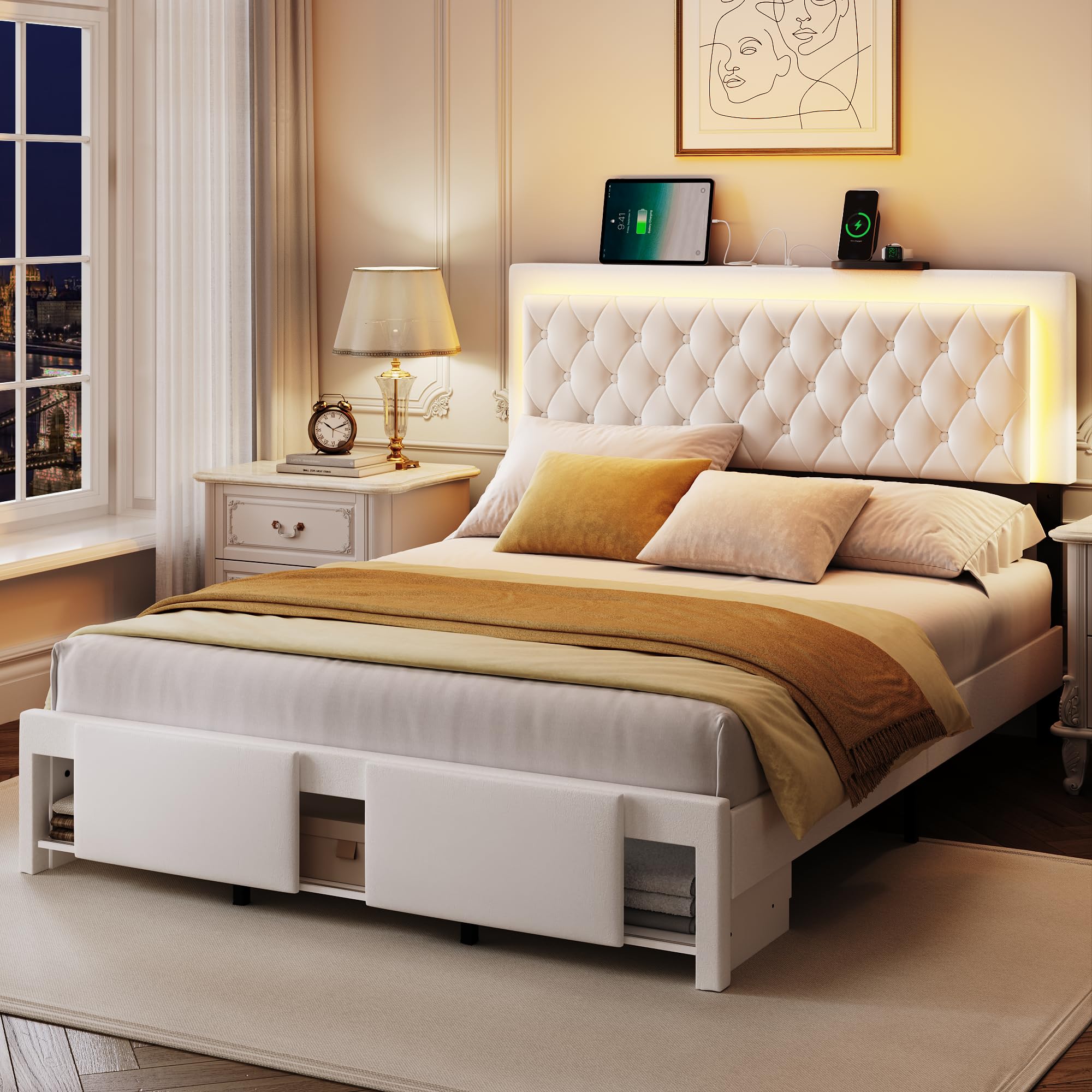 MARMONS Queen Size Bed Frame, LED Queen Bed Frame with Headboard and Storage Cabinets, Upholstered Velvet Bed Frame Queen with Charging Station,
