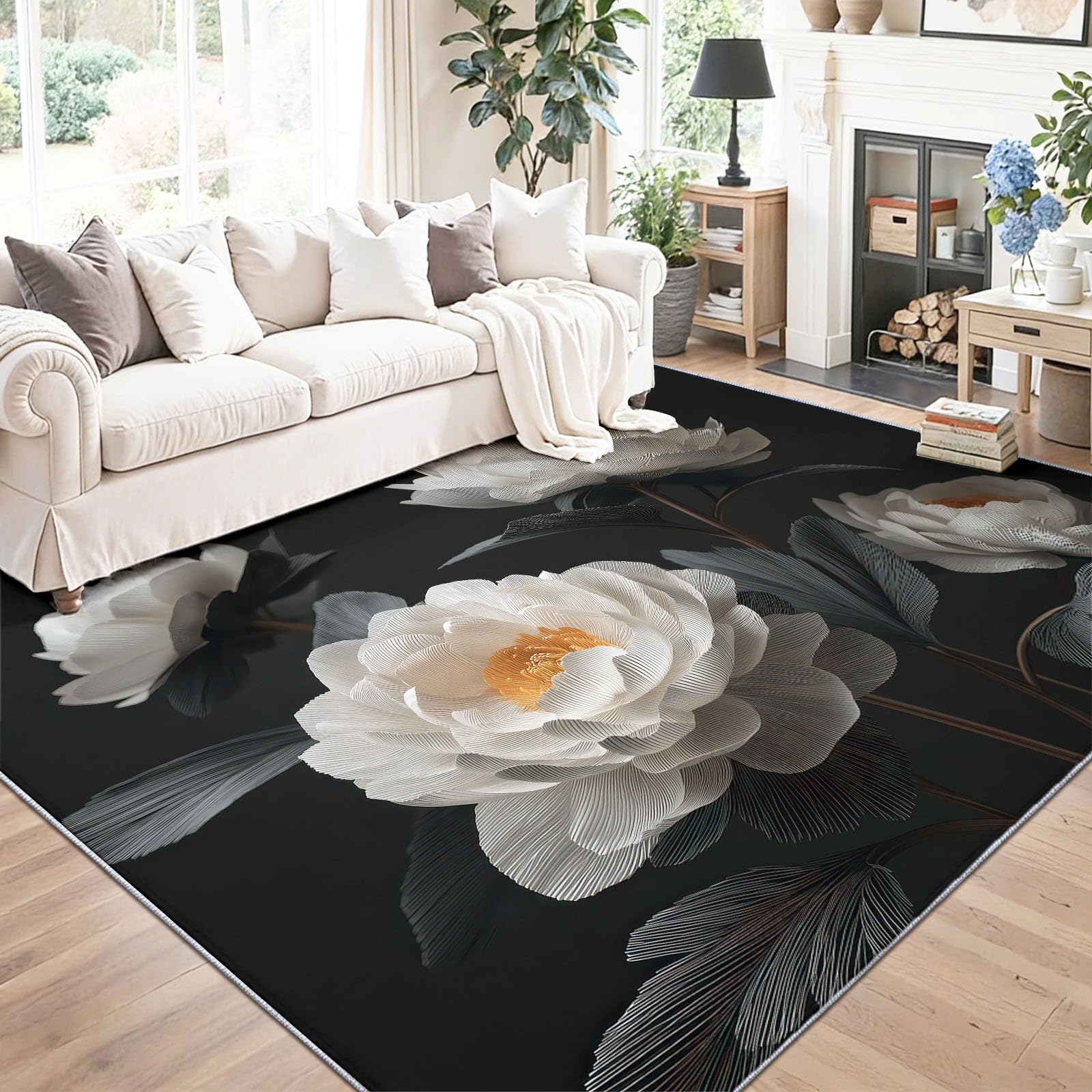 Dywan o powierzchni roślin, 80 x 150 cm, miękki dywan, biała piwonia, kwiat, zmywalny, do salonu, na sofę, przy łóżku, do mieszkania, powitalna mata wejściowa