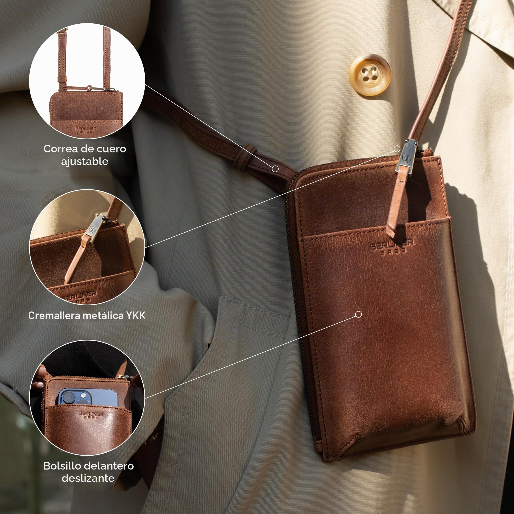 Berliner Bags Kim Bolso Bandolera de Piel Auténtica con Compartimento para Móvil y Tarjetas para Mujer y Hombre, Pequeño, Elegante y Práctico