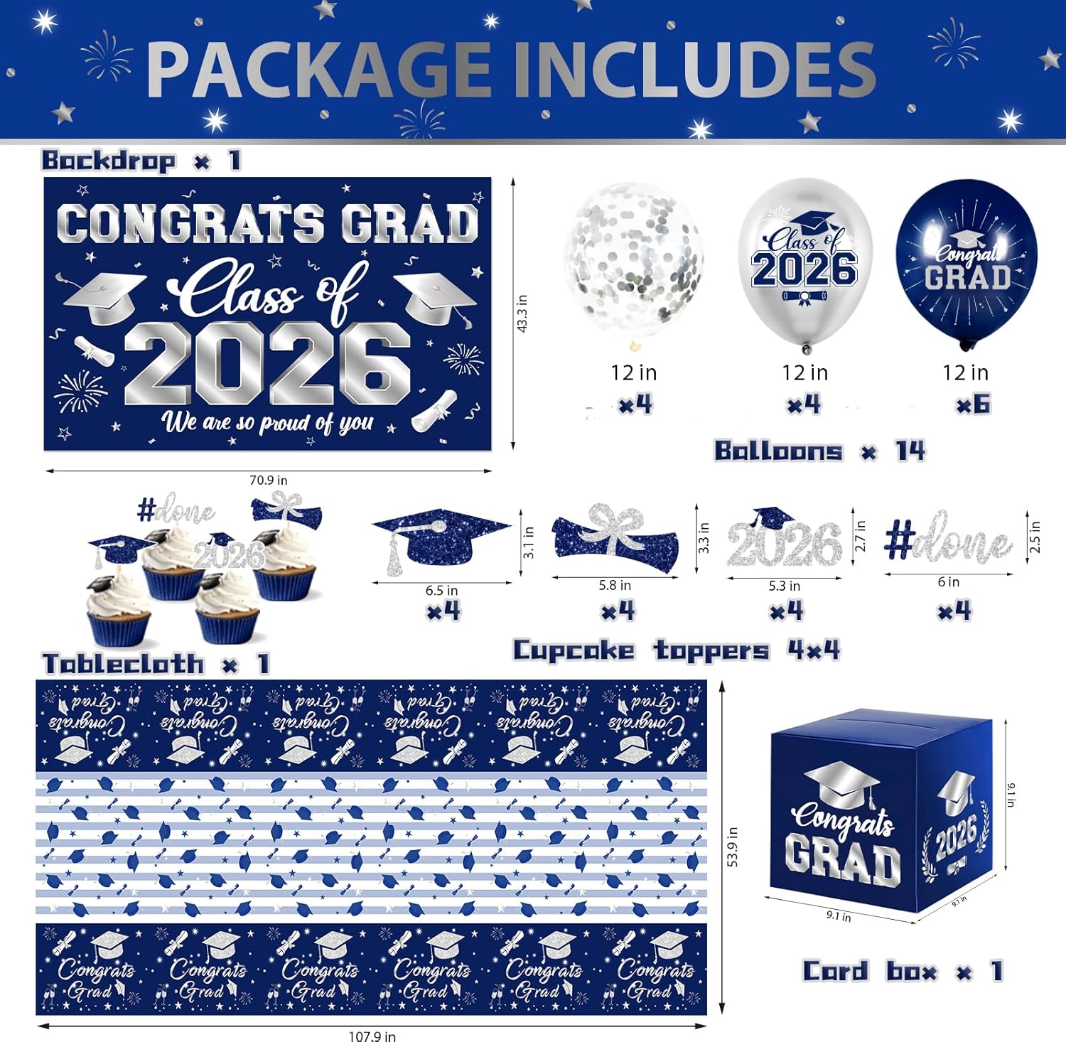 2026 Graduation Decorations Kit - Navy Blue Silver Class of 2026 Party Decor with Congrats Grad Banner Backdrop Hanging Swirls Paper Pompoms Balloons for High School College Graduation Party Supplies