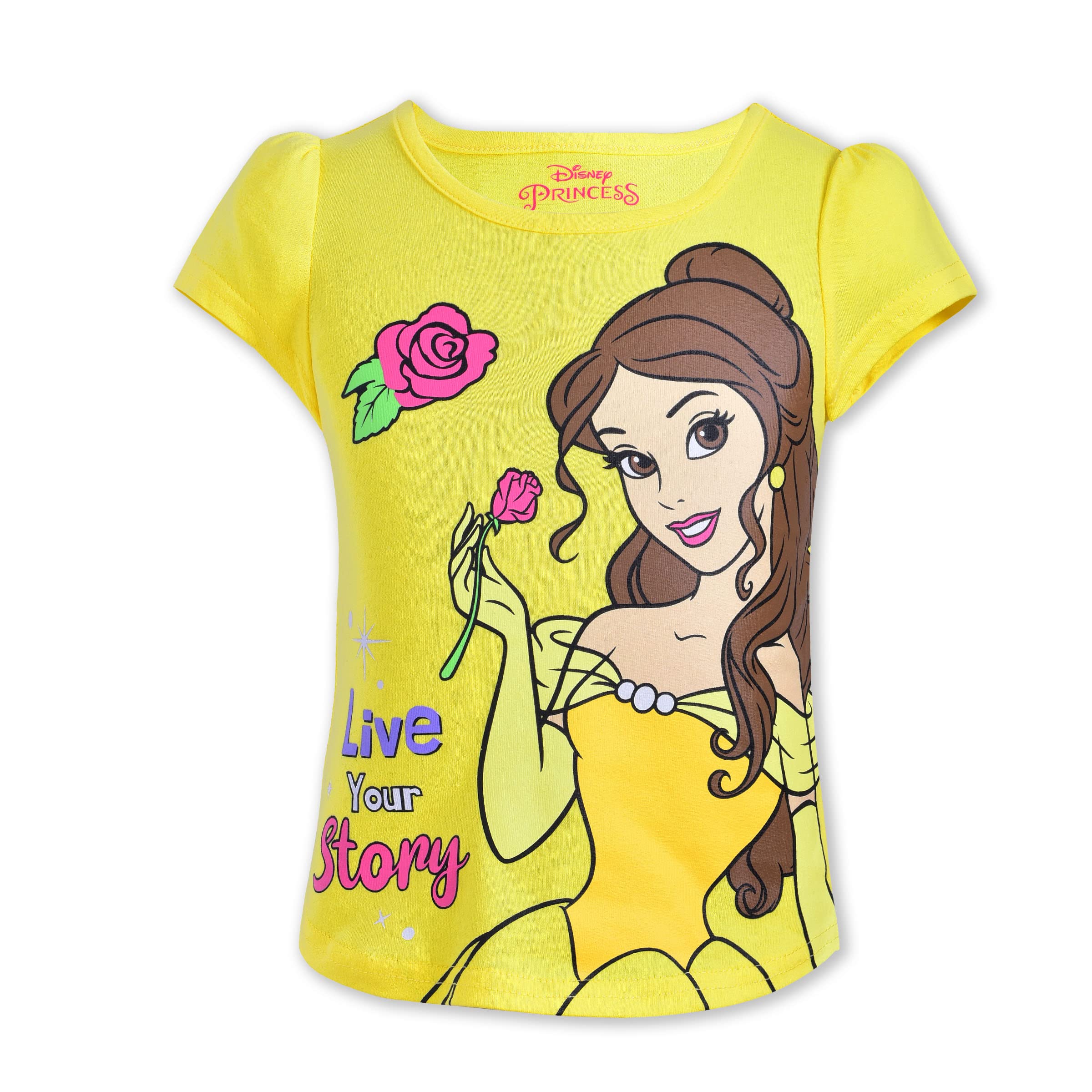 Disney Princess - Maglietta a maniche corte da bambina, confezione da 4, motivo: Cenerentola, Belle, Rapunzel e Ariel