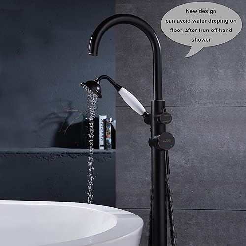 Miniatura 30 de Grifo de bañera independiente Llenador de bañera Negro Alto Flujo 11.9GAL Grifos de montaje en piso con rociador de ducha de mano RIGOBAL Negro
