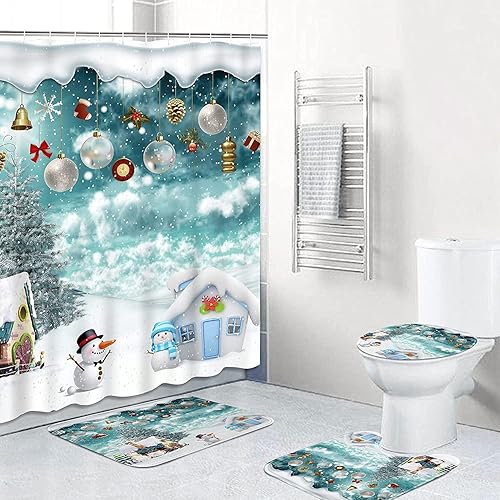 Miniatura 2 de Yizheer Juego de 4 cortinas de ducha de arce de invierno con alfombras antideslizantes, cubierta de tapa de inodoro y tapete de baño, cortinas de