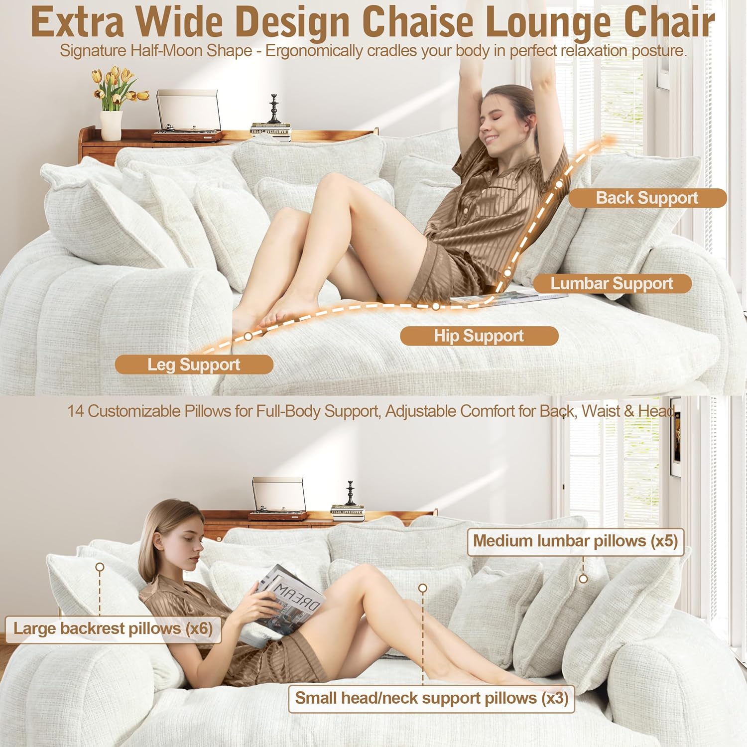 81.1" Cloud Couch Sleeper Sofa, Oversized Round Chaise Lounge Chair Indoor, Modern Chenille Boneless Couch with 14 Pillows, Upholstered Barrel Daybed, Memory Foam Sofas for Living Room, Beige