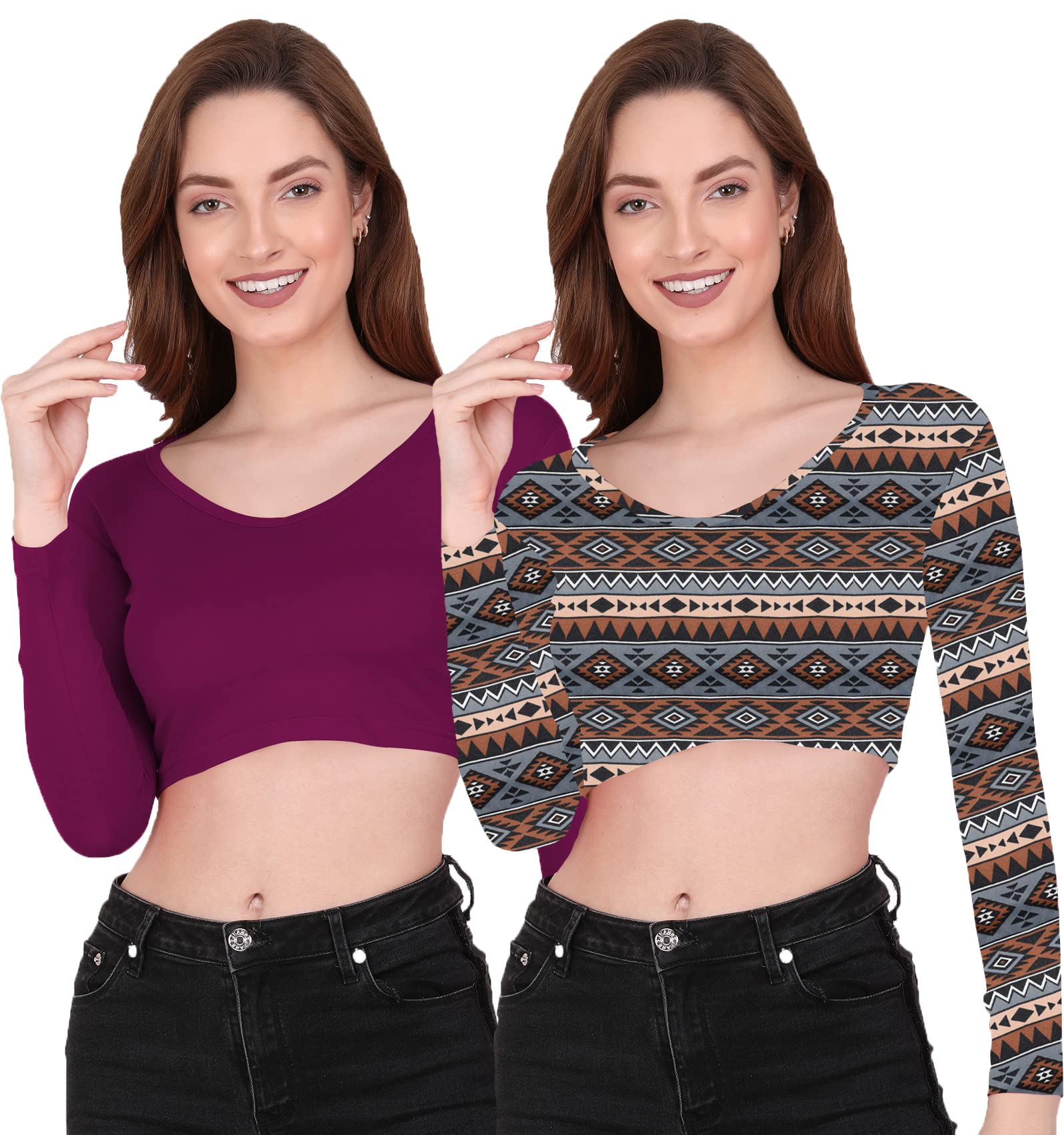 THE BLAZZE0972 Women's Basic Solid Printed V Neck Full Sleeves Readymade Saree Blouse Crop Top for Women, Combo_04, 38