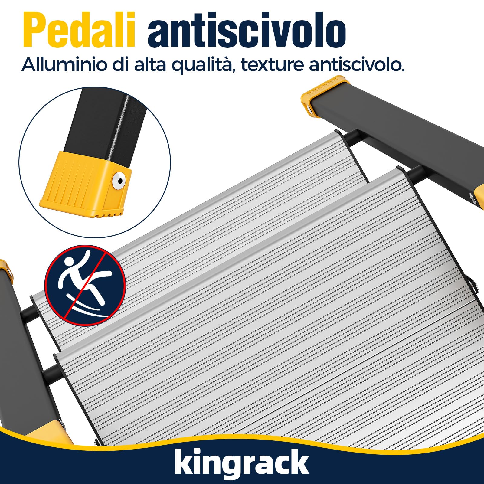 KINGRACK Scaletta 2 Gradini Pieghevole Scala Piccola in Alluminio e Acciaio | Sgabello con Pedali Antiscivolo Larghi, Blocco di Sicurezza, Portata 150 kg, per Casa Cucina Armadio Camper Interno, Nero