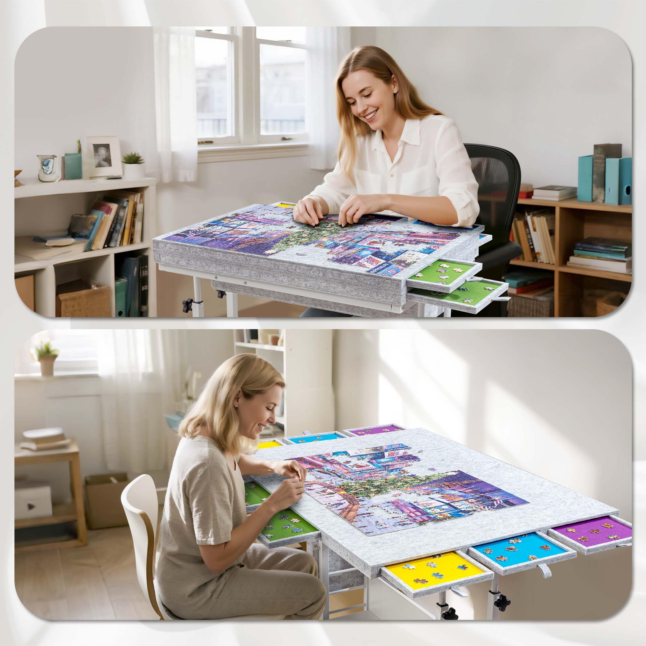 Tektalk Jigsaw - Lot de 2000 Puzzles Pliables en Feutre - avec réglage de la Hauteur - pour Adultes - avec 2 couvertures et 8 Plateaux de tri - Facile avec Jambes - avec 4 Roues à roulettes - Gris