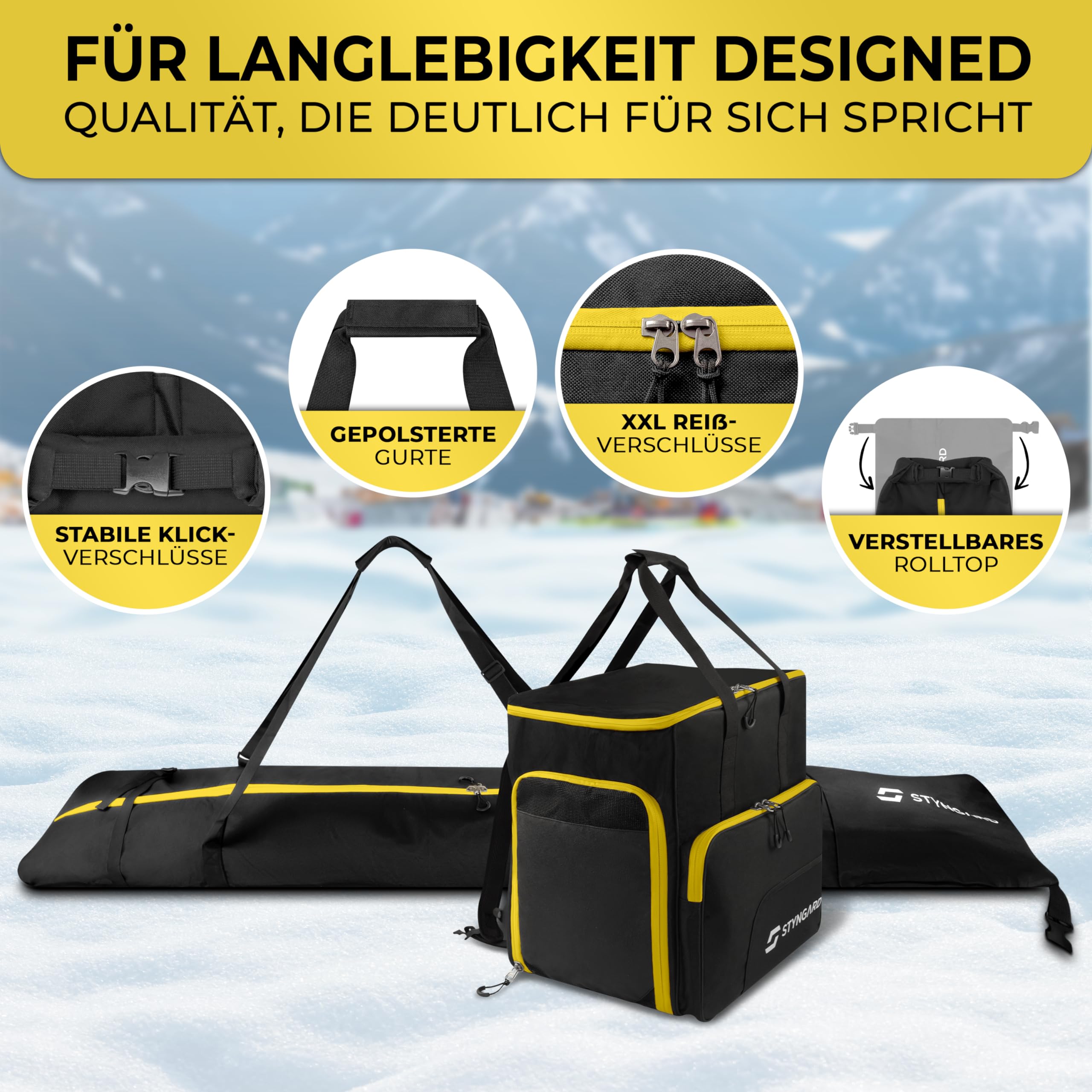 STYNGARD Skitasche Set 4-teilig (140cm-200cm) Skisack und Skischuhtasche mit Helmfach, Helmtasche, Bürste - Rolltop Skitasche und Skischuhtasche mit Lüftungsgitter Modell Salzburg