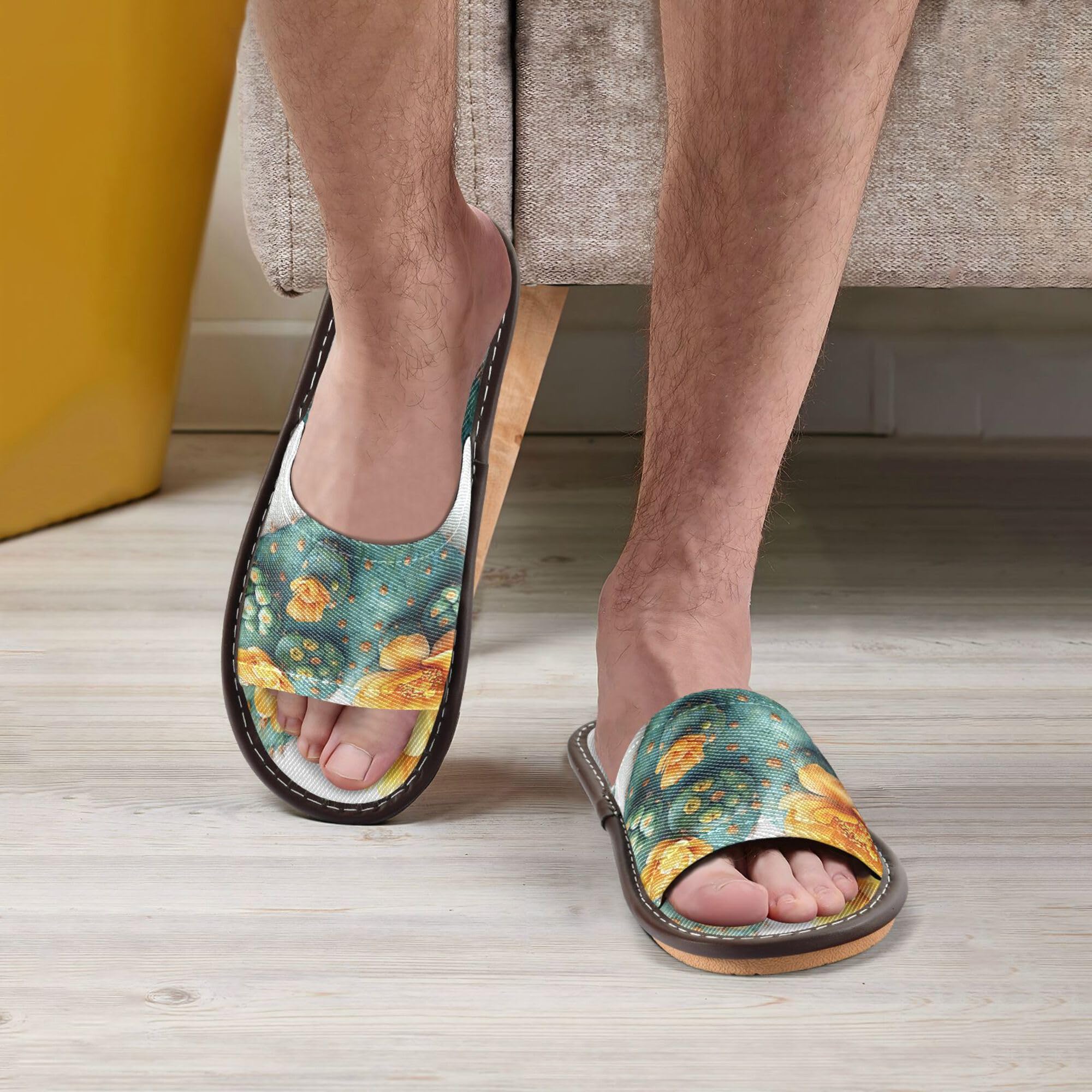 KLL Spa Shower Slippers Indoor Outdoor Washable Cozy Slip on Open Toe Home Shoes for Airplane Guests Party 10.5-11 Thorny Heart Cactus Shape Yellow Flower