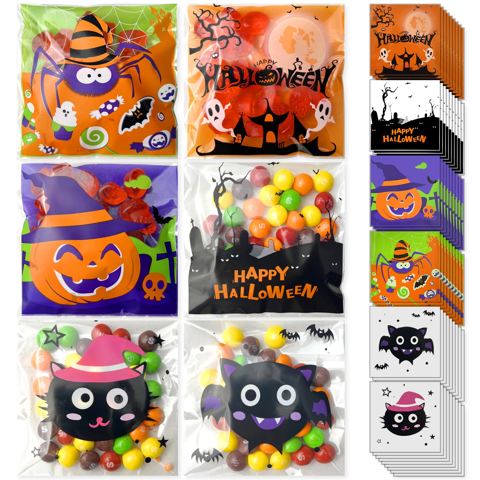 300PCS Halloween Treat Bags - Self-Adhesive, DIY Translucent Plastic Bags for Bakery, Biscuit, Chocolate - 3.94