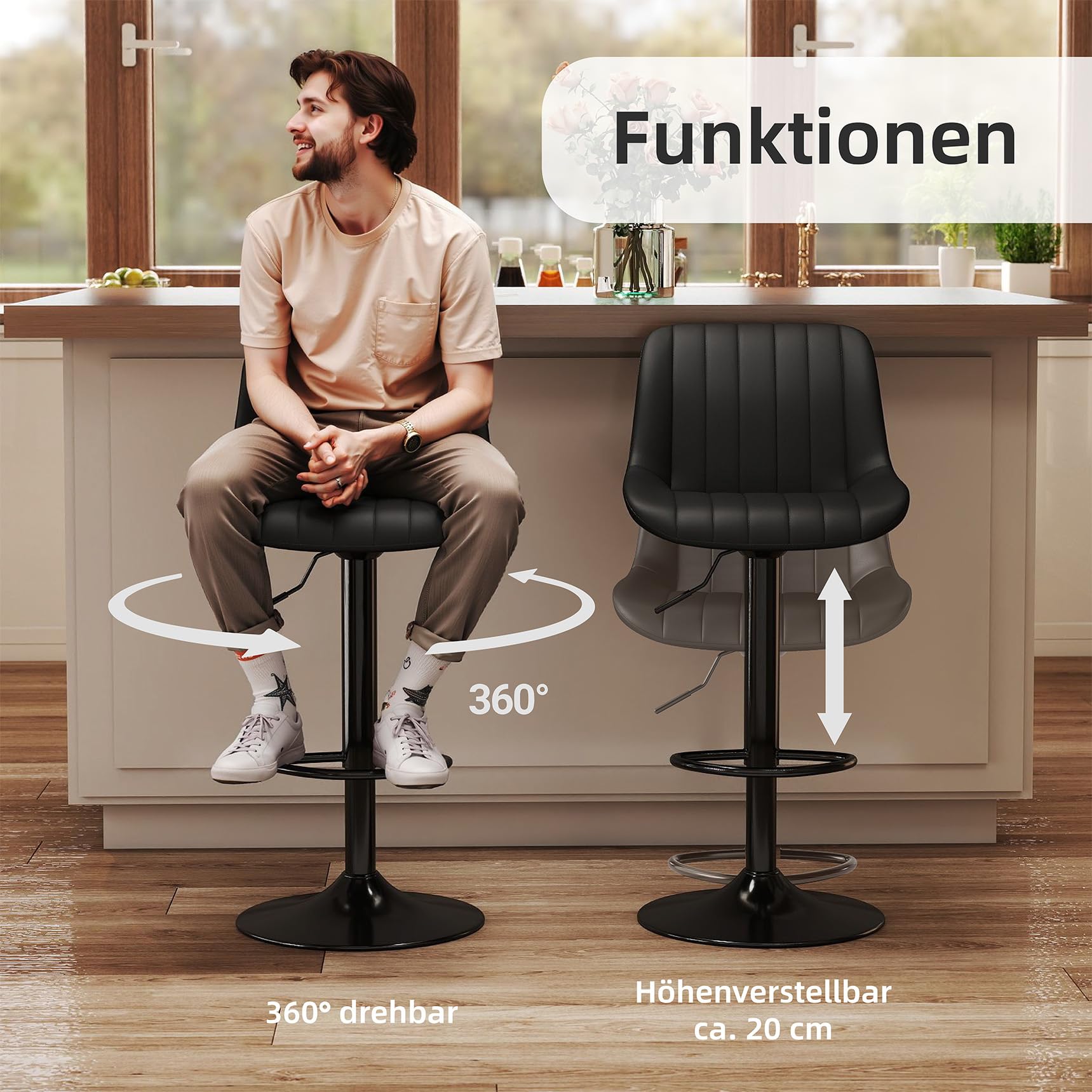 Youhauchair Barhocker 2er Set, Drehbare Barhocker mit Lehne, Höhenverstellbar aus PU-Leder, Moderner Barstuhl Küchenhocker Bar Hocker Bar Stool, Schwarz