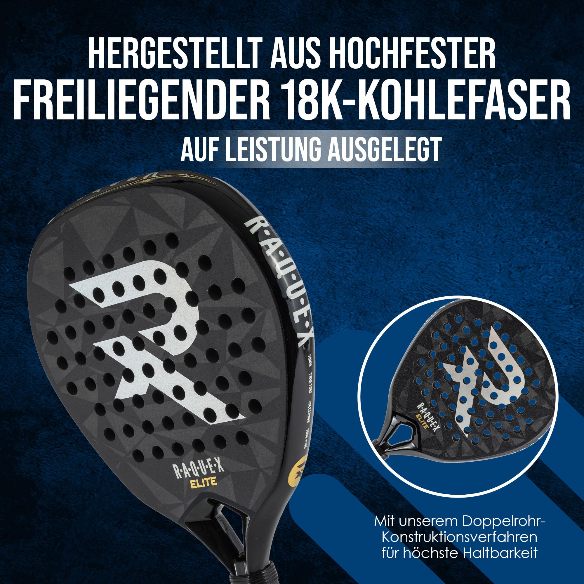 Raquex Elite Padel Racket – Advanced Racquet - 18K Carbon Frame, Reactive ImpactCore Eva 15 Foam, Diamond Shape, Twin-Tube System for Durability + Wrist Strap