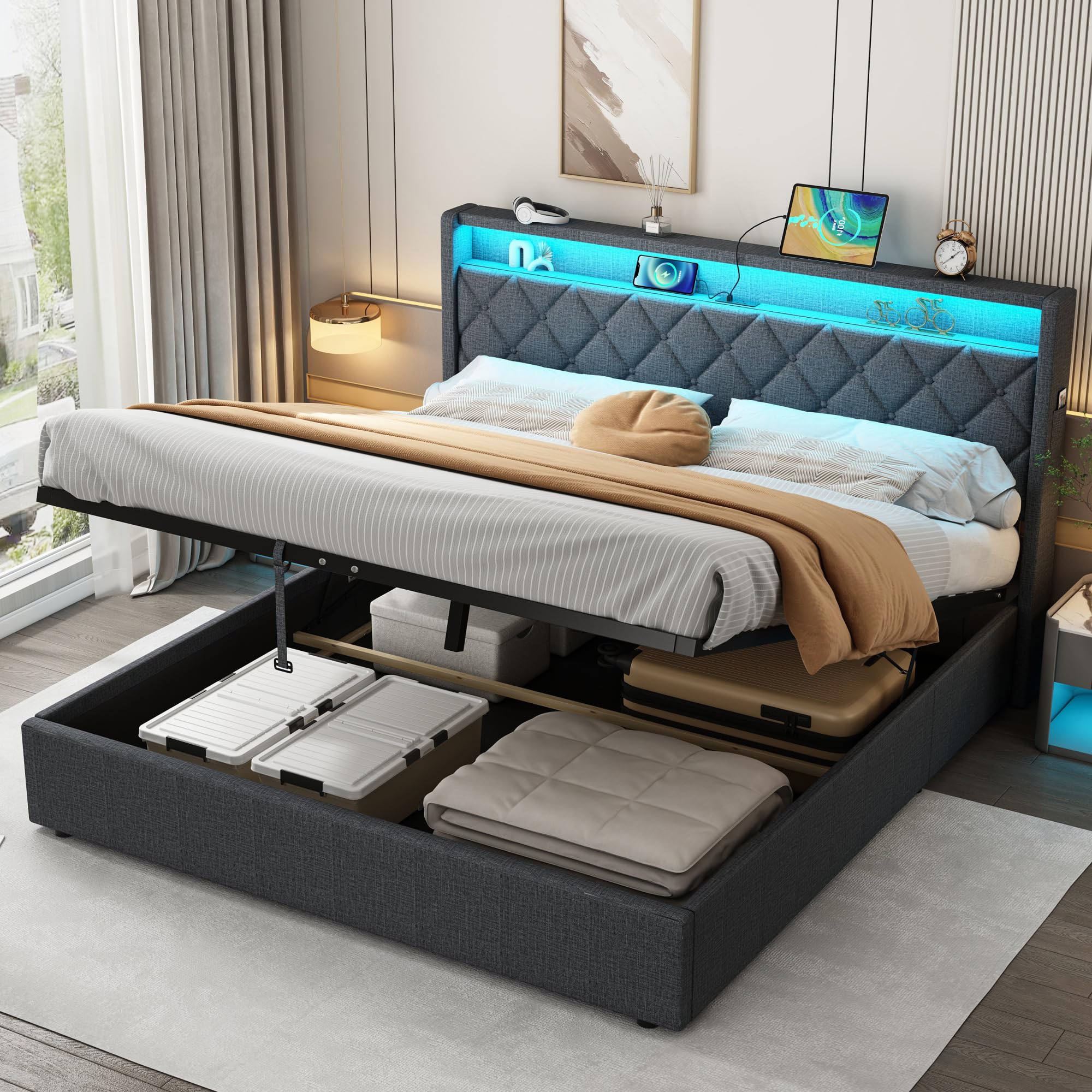 4ft6 Double Bed Frame Upholstered Ottoman Bed with Hydraulic Lift & Storage Headboard, Linen Functional Gas Lift Up Storage Beds with LED Lighting & Charging Station & Wooden Slats, No Mattress, Grey