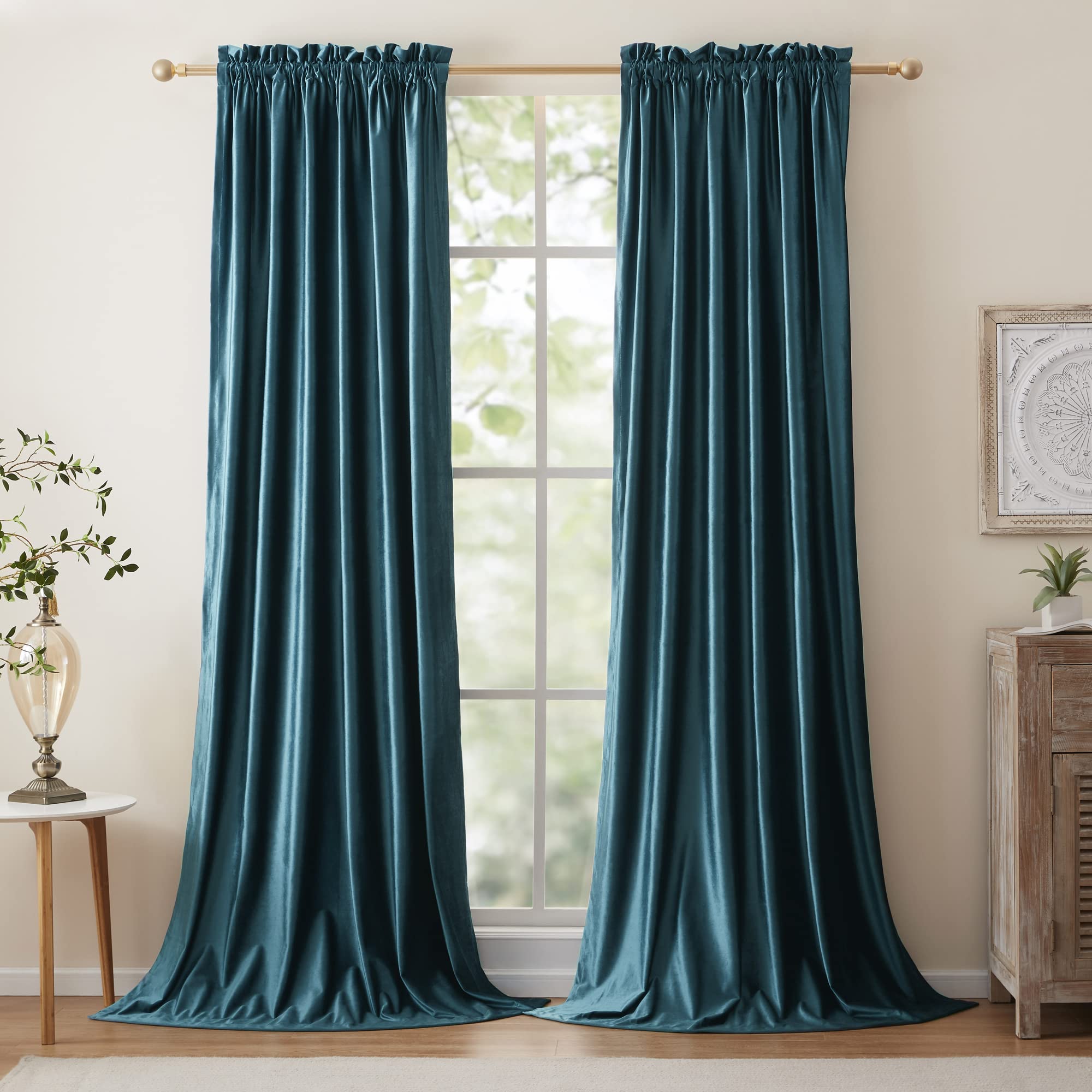 PRIMROSE Blackout Curtains 96 inch for Living Room Velvet Rod Pocket Window Drapes Treatment Semi Room Darkening Decor Teal Curtains for Bedroom Set of 2 Panels