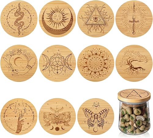 Juego de 12 tapas para tarros de yogur inspirador de bambú con tapas de madera metafísica floral con sellado de silicona compatible con tarros de