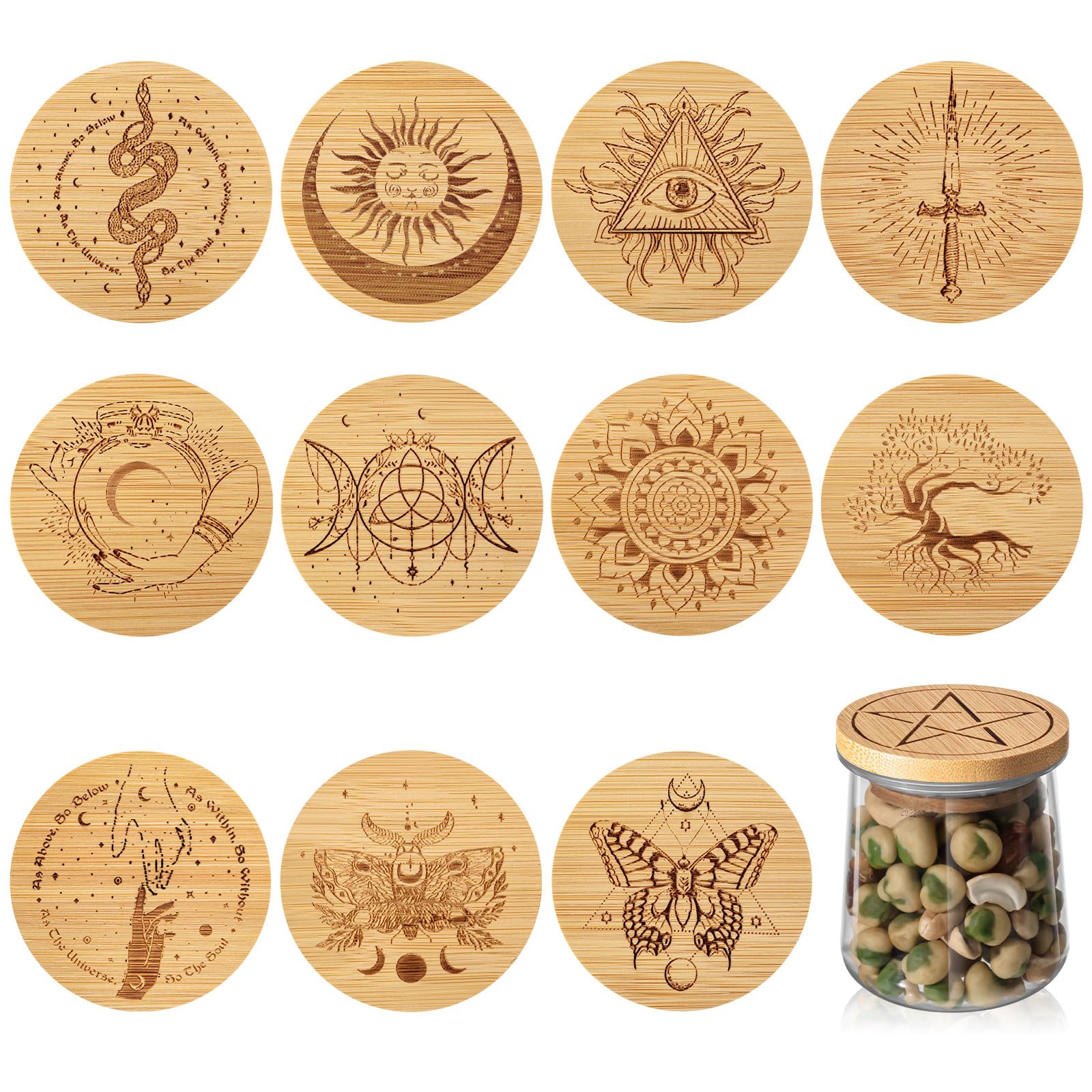 Tessco 12 Pieces Yogurt Jar Lids Inspirational Yogurt Bamboo Jar Lids Set Floral Metaphysical Wooden Lids with Silicone Sealing Compatible with Oui Yogurt Jars, Brave Happy Kind Plant (Metaphysical)