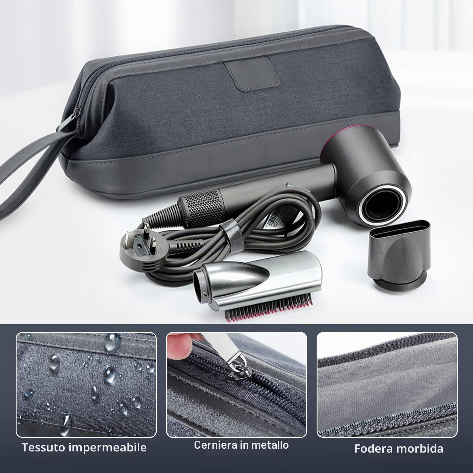 Kyrio Borsa Universale per Asciugacapelli, Compatibile con Dyson Supersonic e Airwrap, Custodia Portatile da Viaggio per Cosmetici (Grigio Scuro)