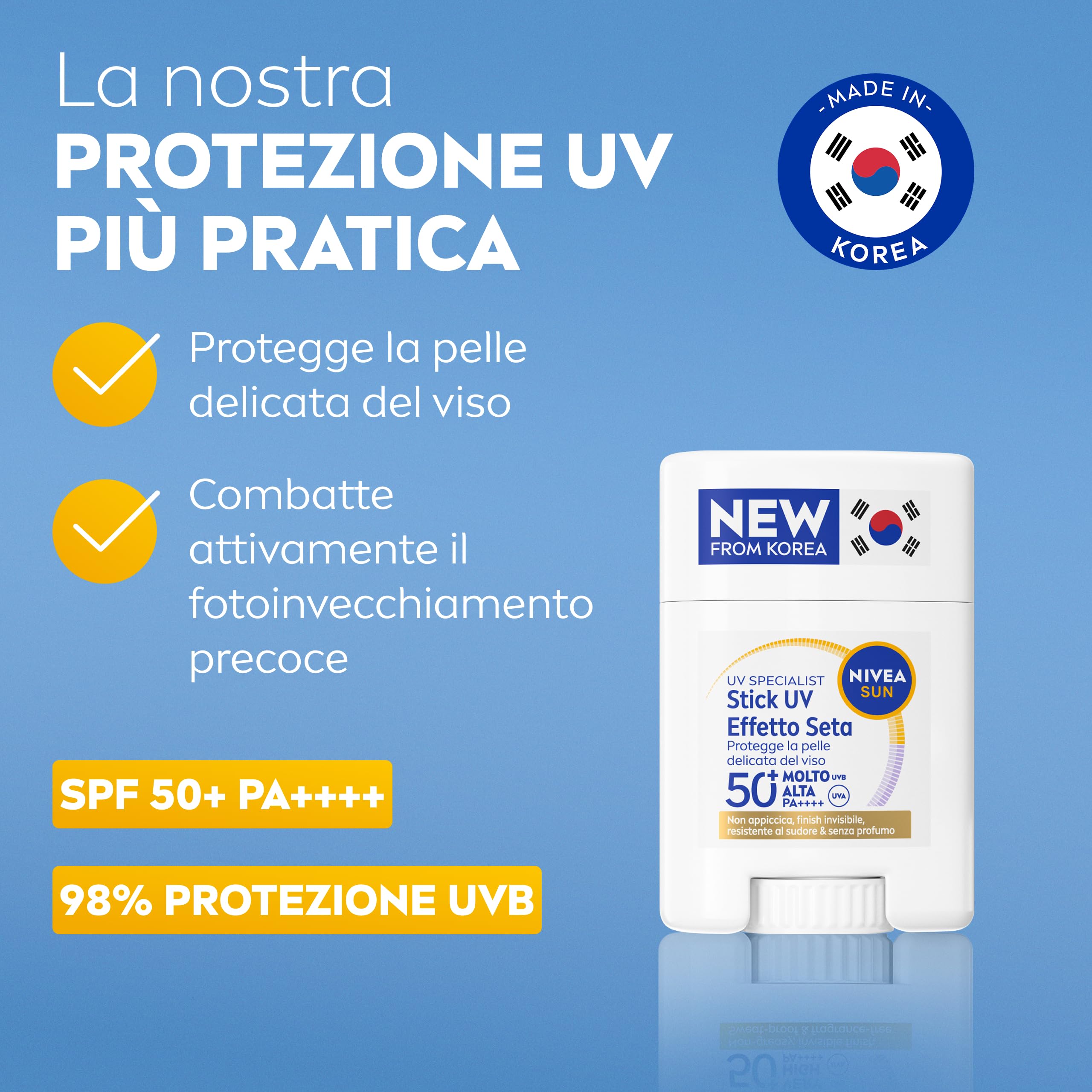 NIVEA SUN UV Viso Specialist Stick UV Effetto Seta SPF 50+ 15 g, Stick solare 50 viso per un'applicazione on-the-go, Protezione solare viso ultra-leggera e invisibile, Skincare coreana senza profumo