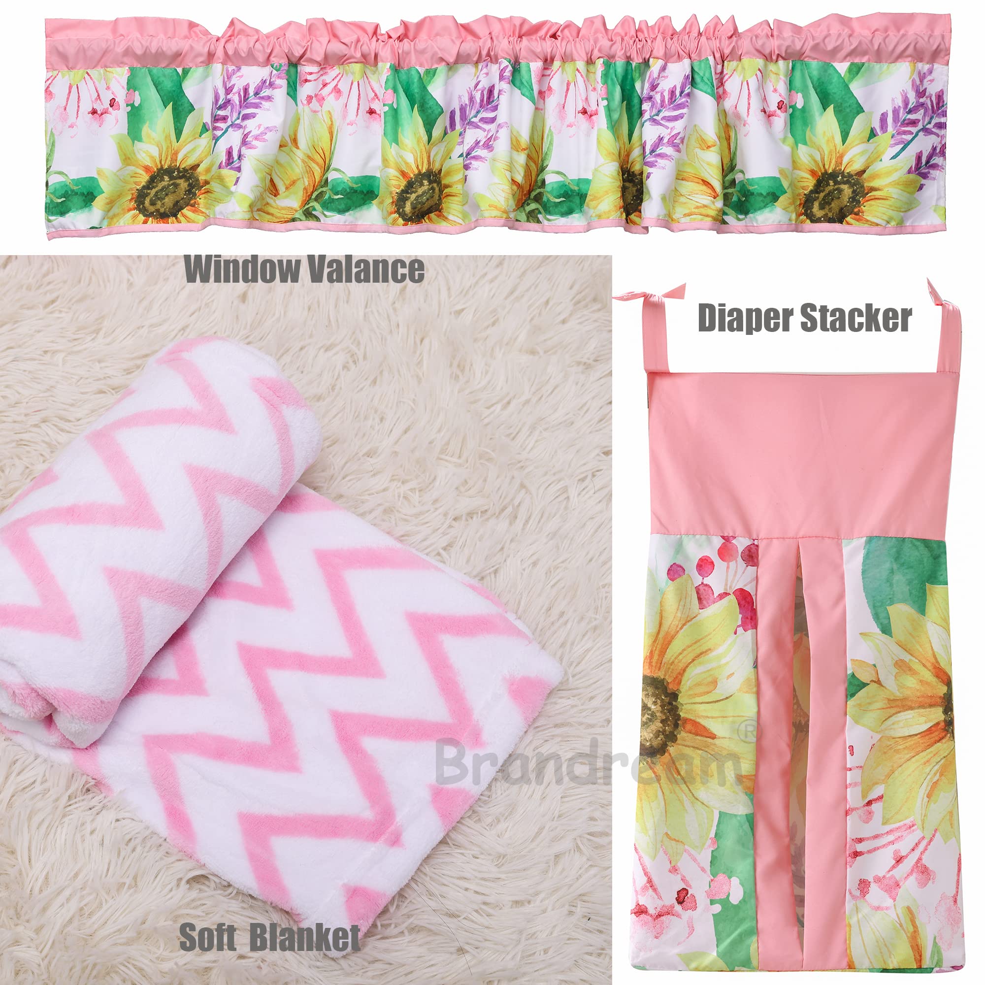 Brandream Juego de ropa de cama para cuna de elefante, girasol, para niñas, bohemio, rústico, elegante, floral, ropa de cama para guardería, rosa, amarillo, gris, juego de sábanas para bebé, 6 piezas