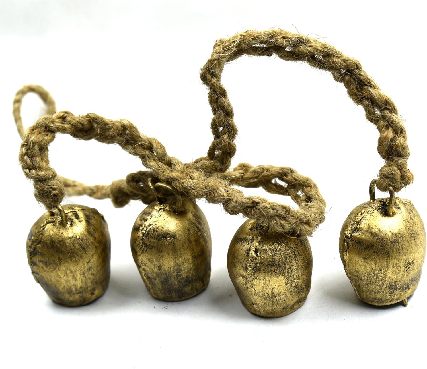 Rustic Antique Metal Decorative Bells with Braided Jute Rope, Vintage Cowbells for Weddings, Christmas Wreaths, Parties, Home Decor, Set of 4