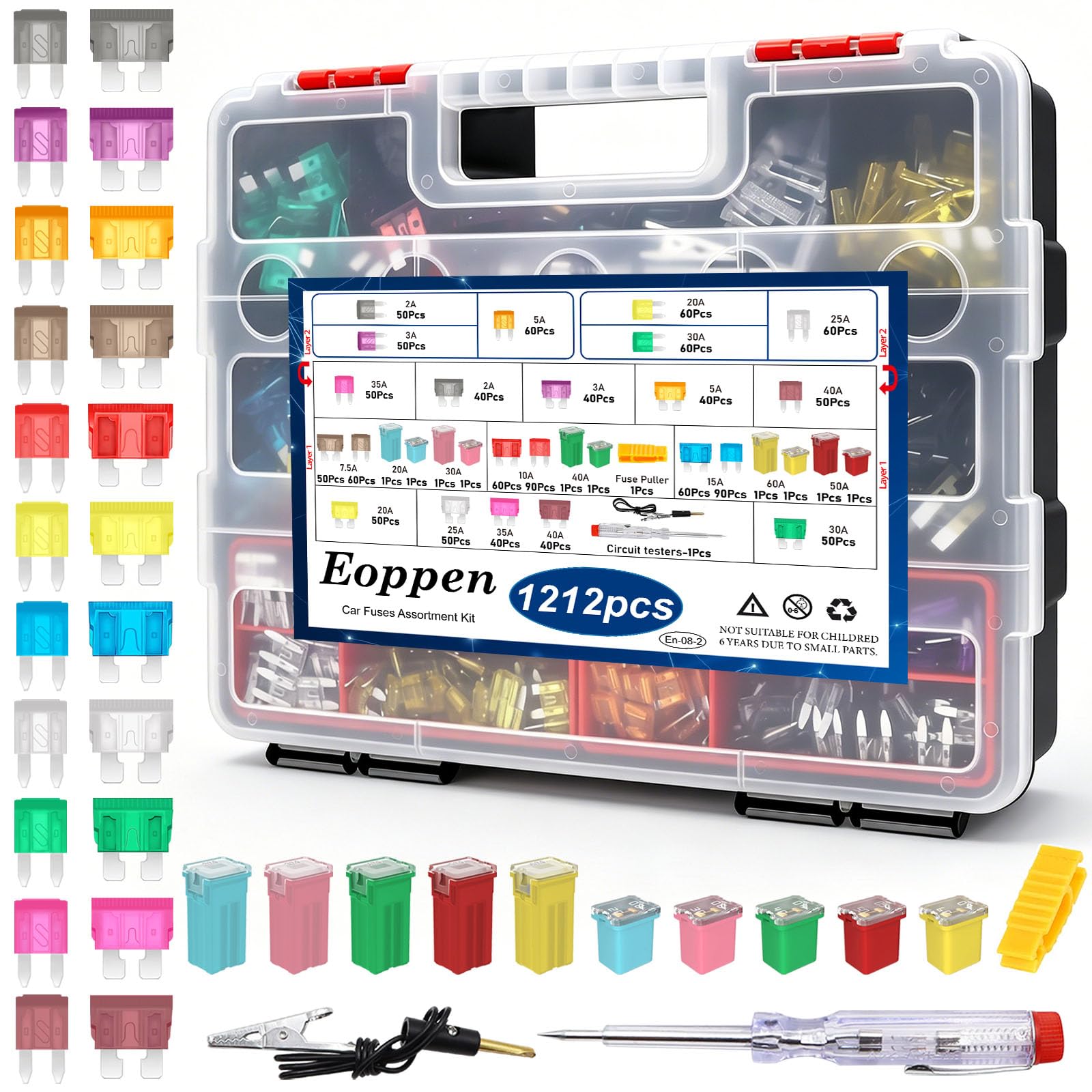 Kit surtido de fusibles de coche de 1212 piezas con extractor de fusibles y probador de circuito, kit de fusibles estándar y mini y fusible automotriz en forma de caja de perfil alto/STD para