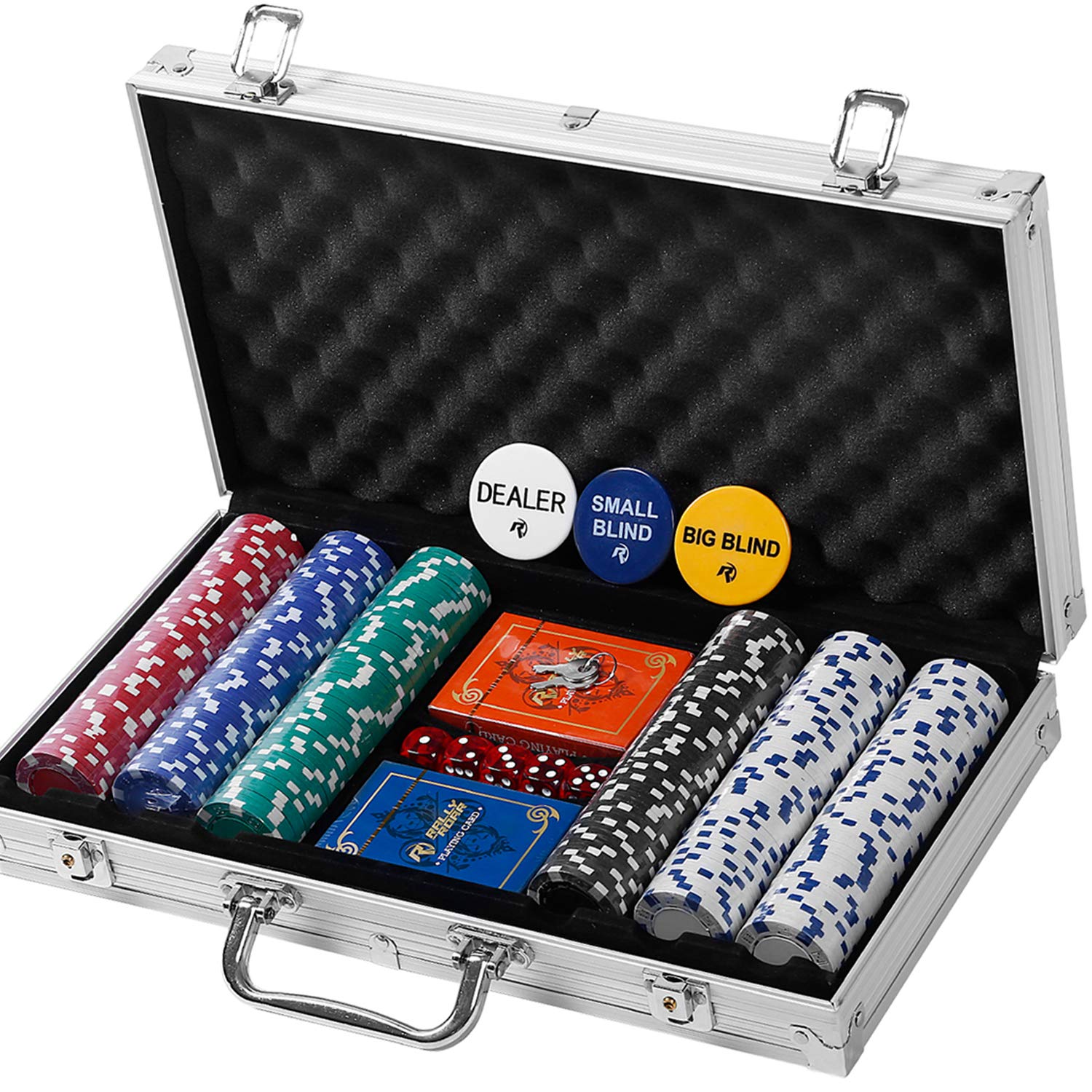 Professional Poker Set w/ Hard Case, 2 Card Decks, 5 Dice, 3 Buttons - 300 Chips
