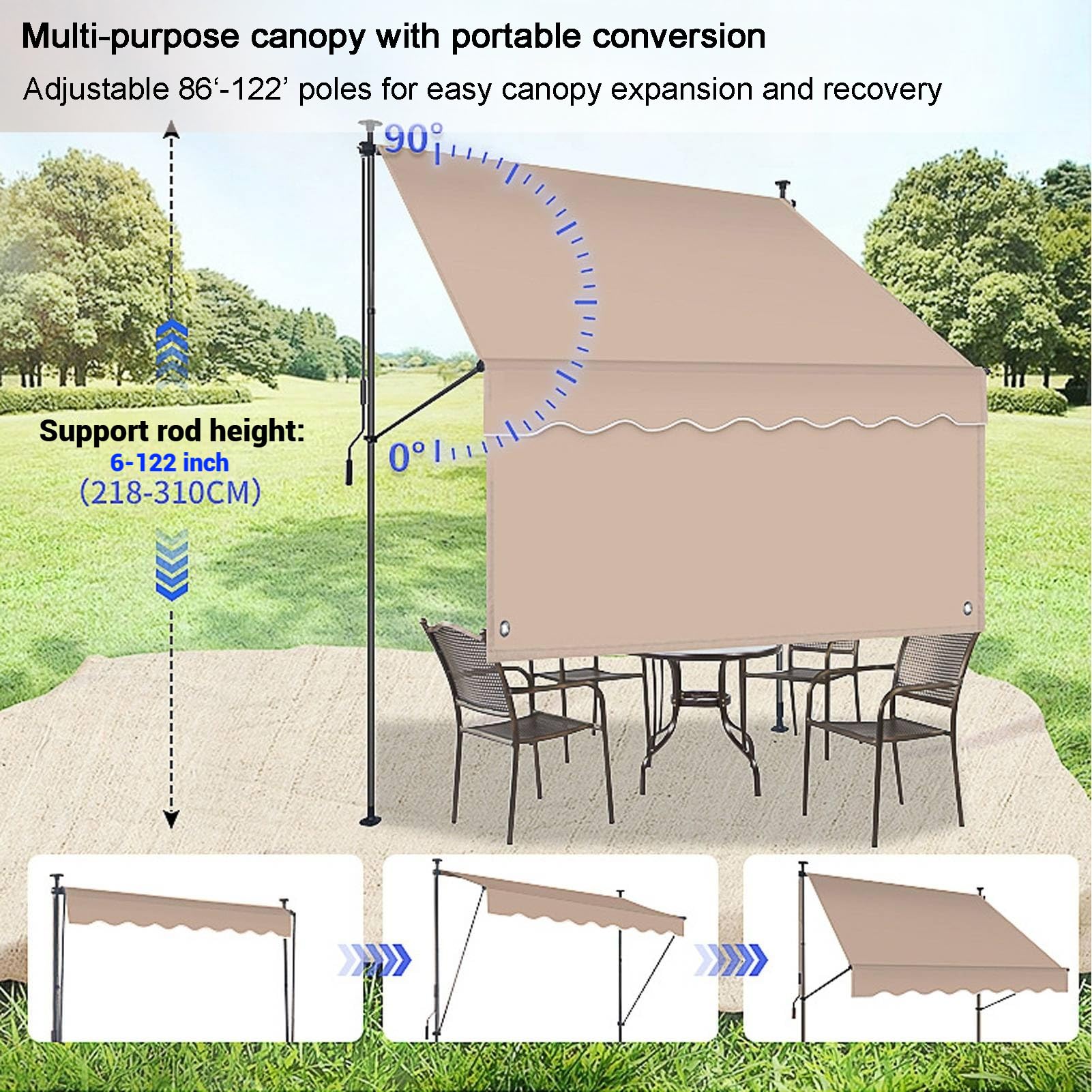 Ręcznie wysuwana markiza 1 x 1,2 m / 1,5 x 1,2 m / 2 x 1,2 m / 2,5 x 1,2 m regulowana wysokość korby ręcznej bez wiercenia, idealna na balkony, patio, kawiarnie i restauracje