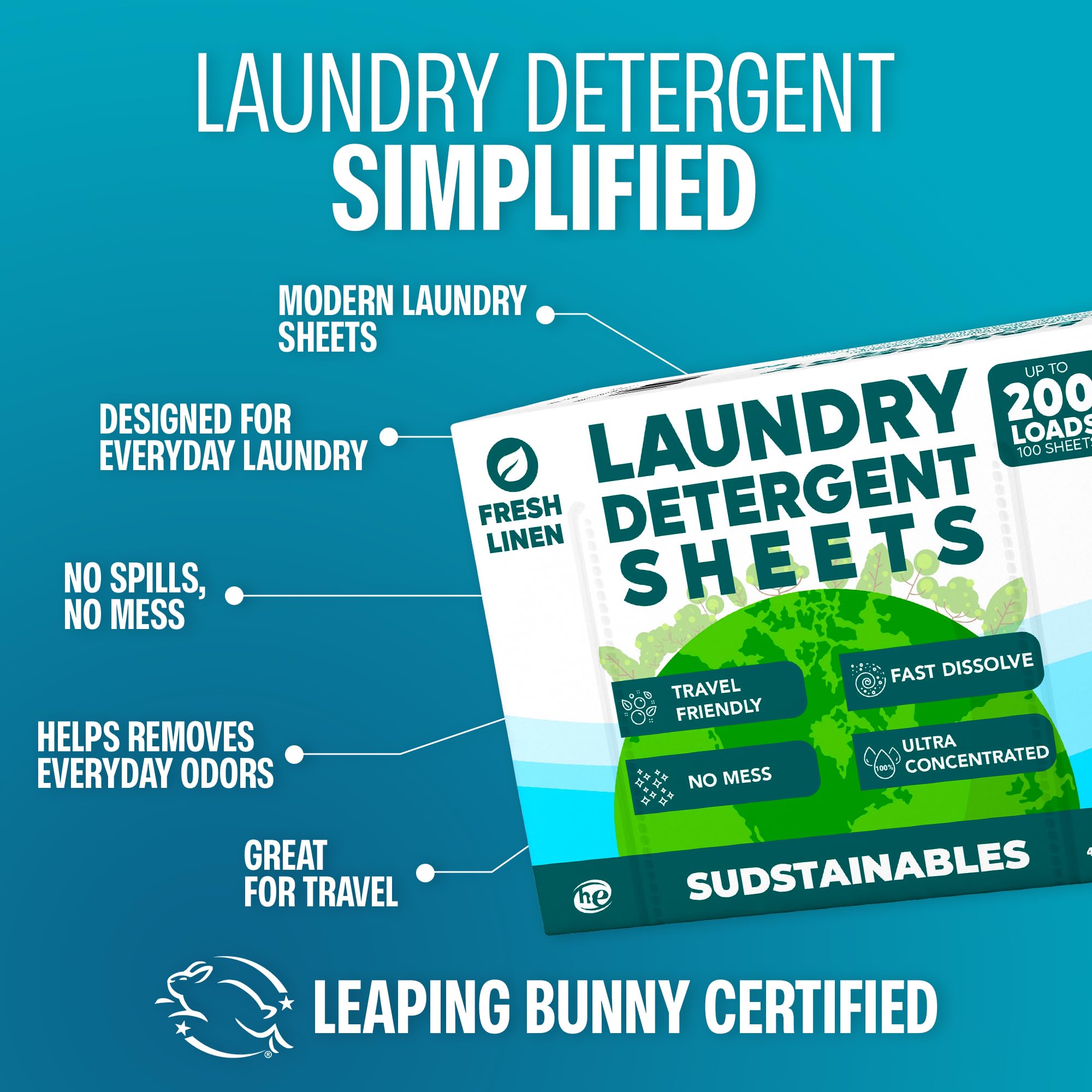 Sudstainables Fresh Linen - Fogli per detersivo per bucato, 200 lavaggi, solubile per lavatrici, alternativa compatta al detersivo liquido e in polvere, sapone adatto ai viaggi